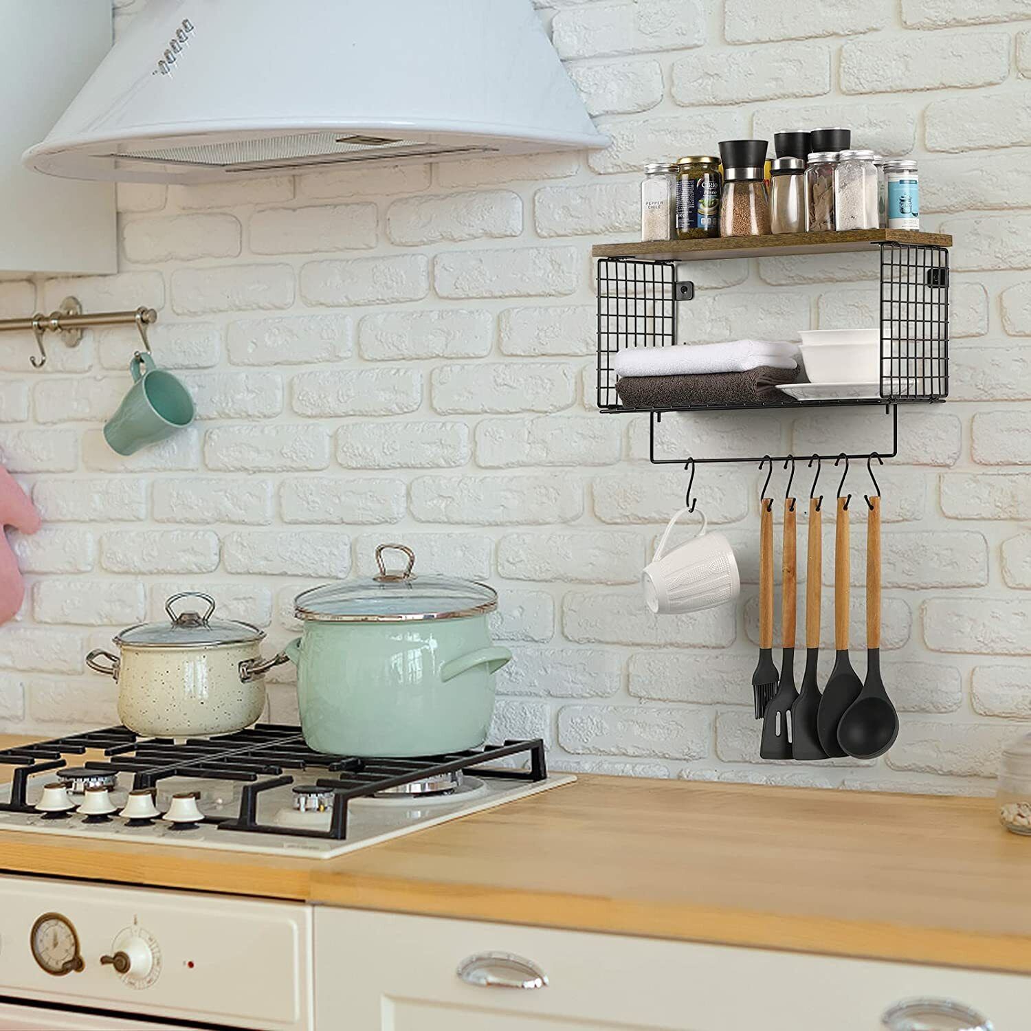 Étagère murale à crochets tablette d'entrée avec tablettes de rangement porte-manteau - Brun