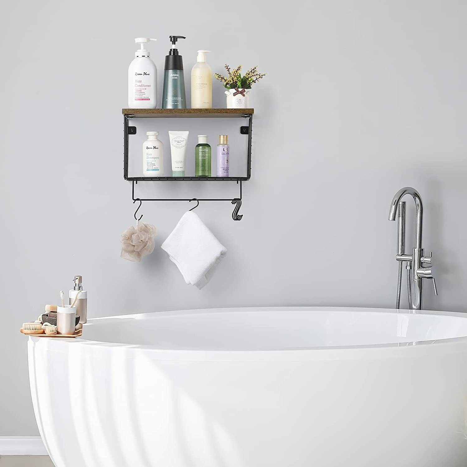 Étagère murale à crochets tablette d'entrée avec tablettes de rangement porte-manteau - Brun