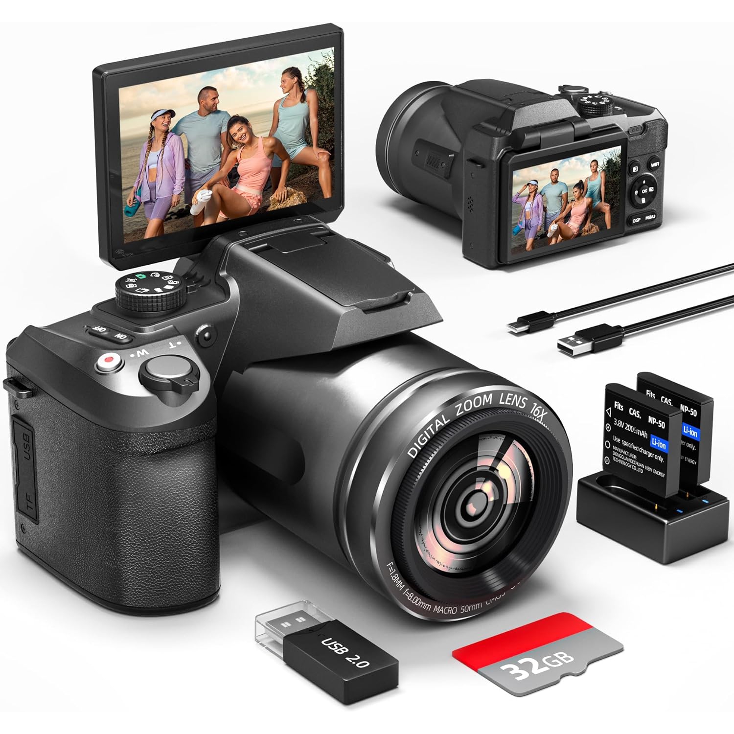64MP Digital Camera for Photography and Video, 5K Vlogging Camera for YouTube with 3’’ Flip Screen,16X Digital Zoom, WIFI& Autofocus,2 Batteries,