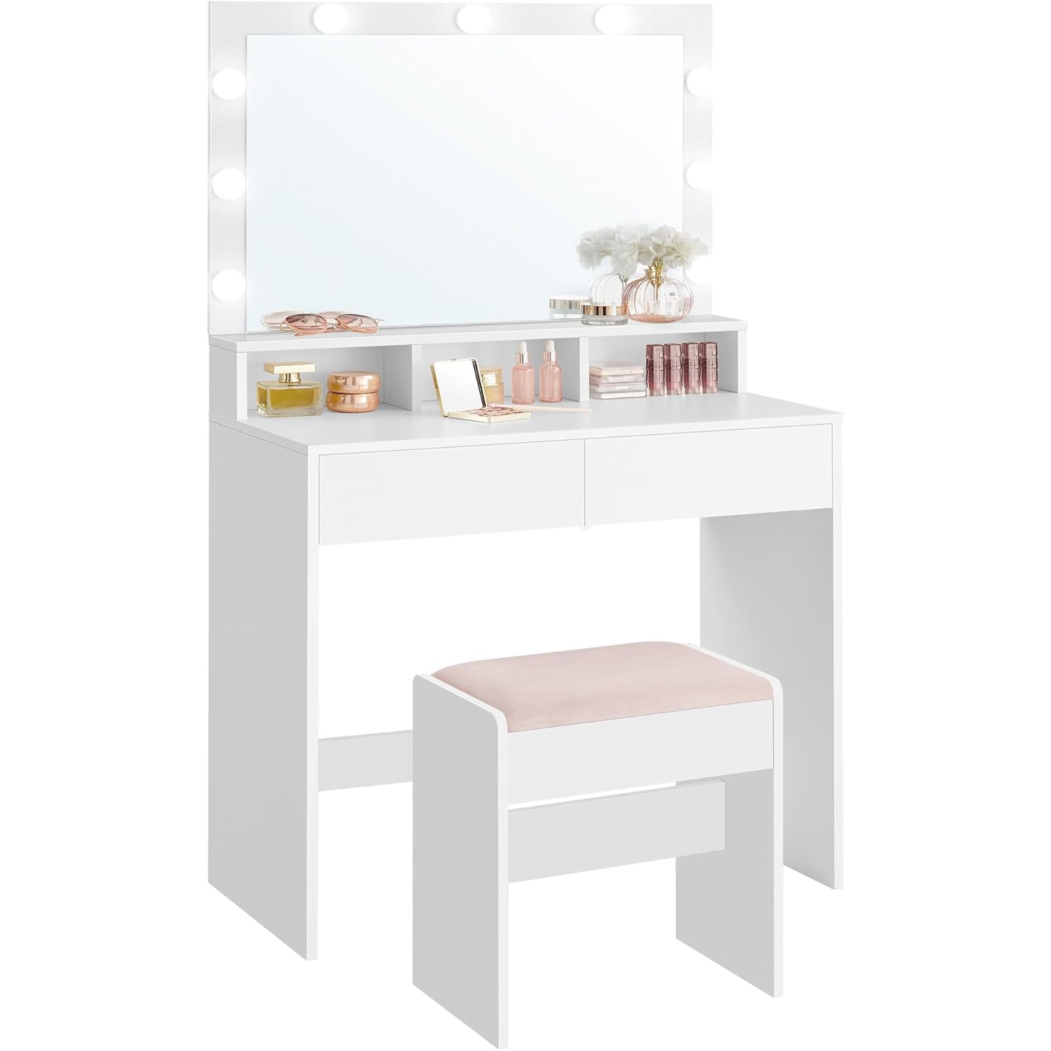 VASAGLE Makeup Desk with Adjustable Brightness, 2 Drawers, 3 Compartments, Modern Design, Cloud White and Jelly Pink