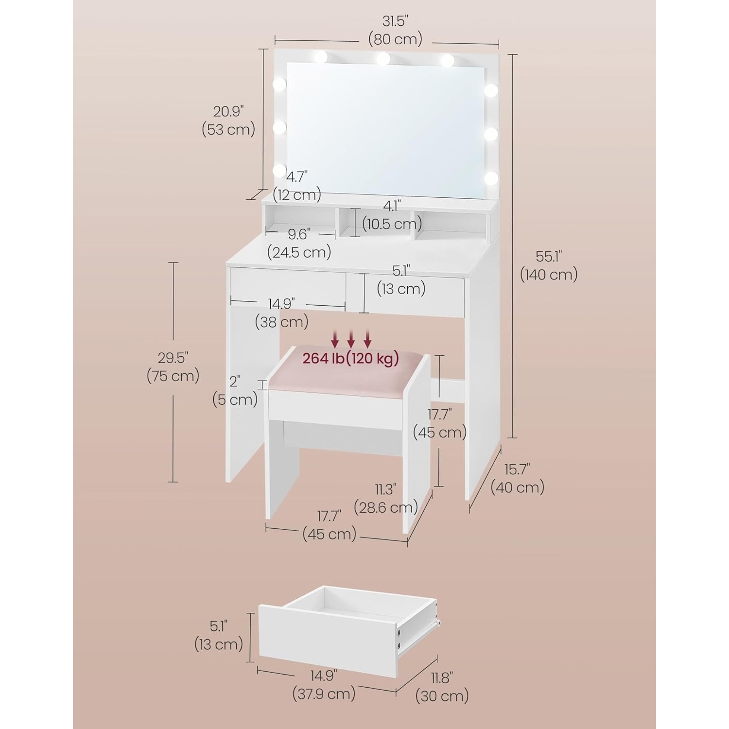VASAGLE Makeup Desk with Adjustable Brightness, 2 Drawers, 3 Compartments, Modern Design, Cloud White and Jelly Pink