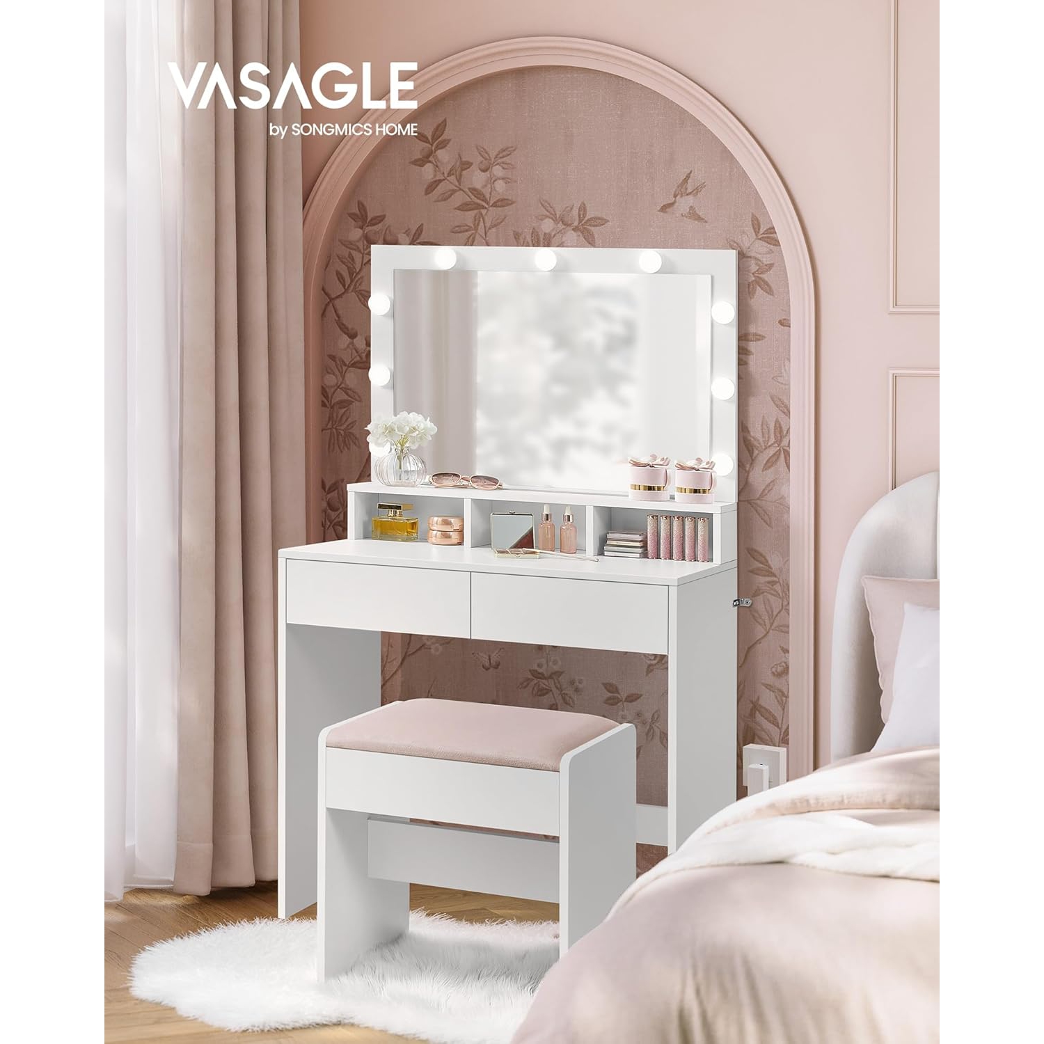 VASAGLE Makeup Desk with Adjustable Brightness, 2 Drawers, 3 Compartments, Modern Design, Cloud White and Jelly Pink