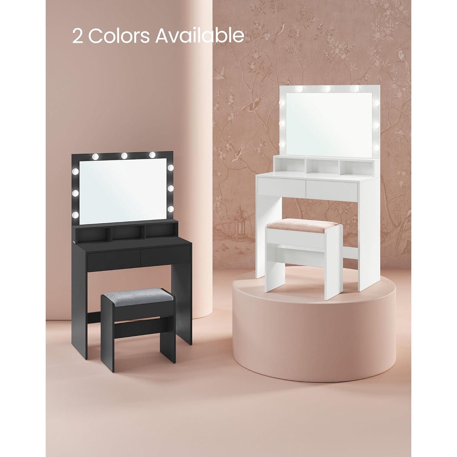 VASAGLE Makeup Desk with Adjustable Brightness, 2 Drawers, 3 Compartments, Modern Design, Cloud White and Jelly Pink