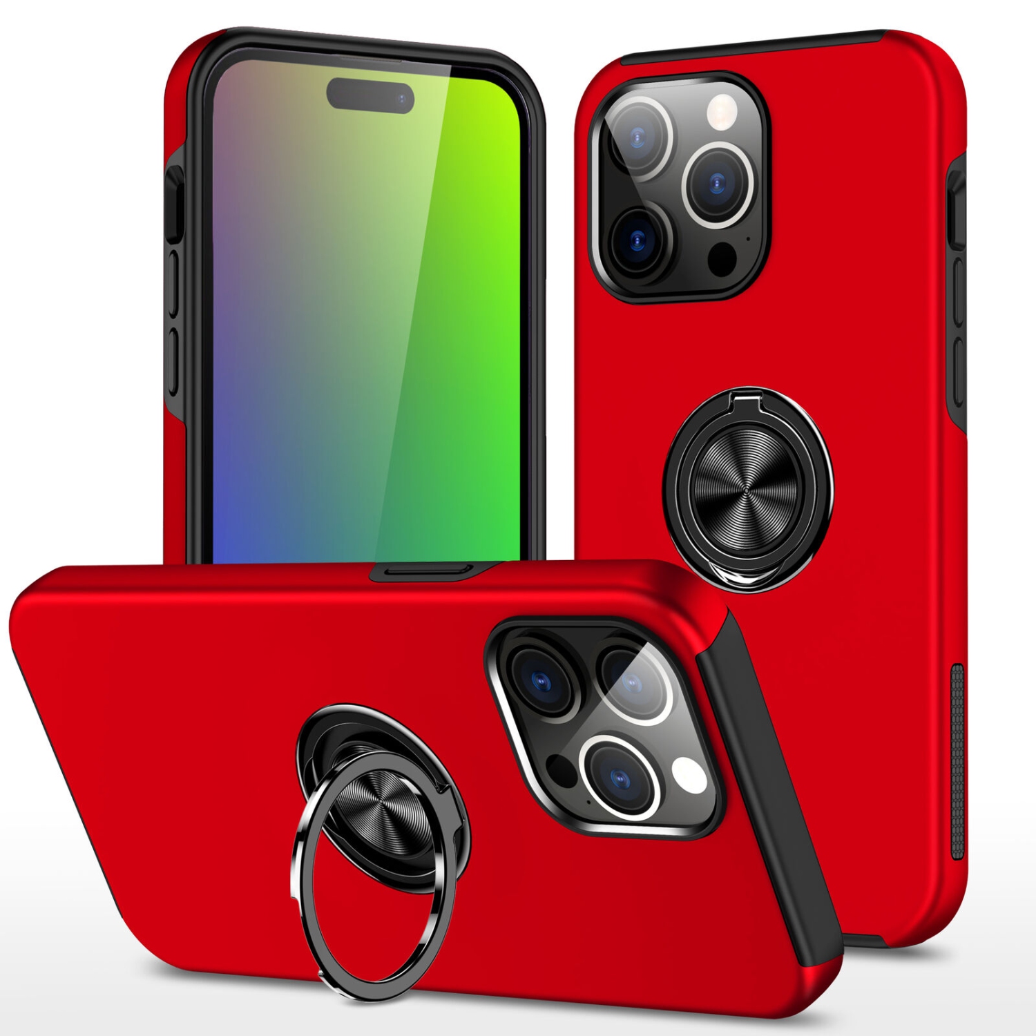 [CS] Hybrid Magnetic Kickstand Invisible Ring Case Cover for iPhone 15 Pro Max, Red