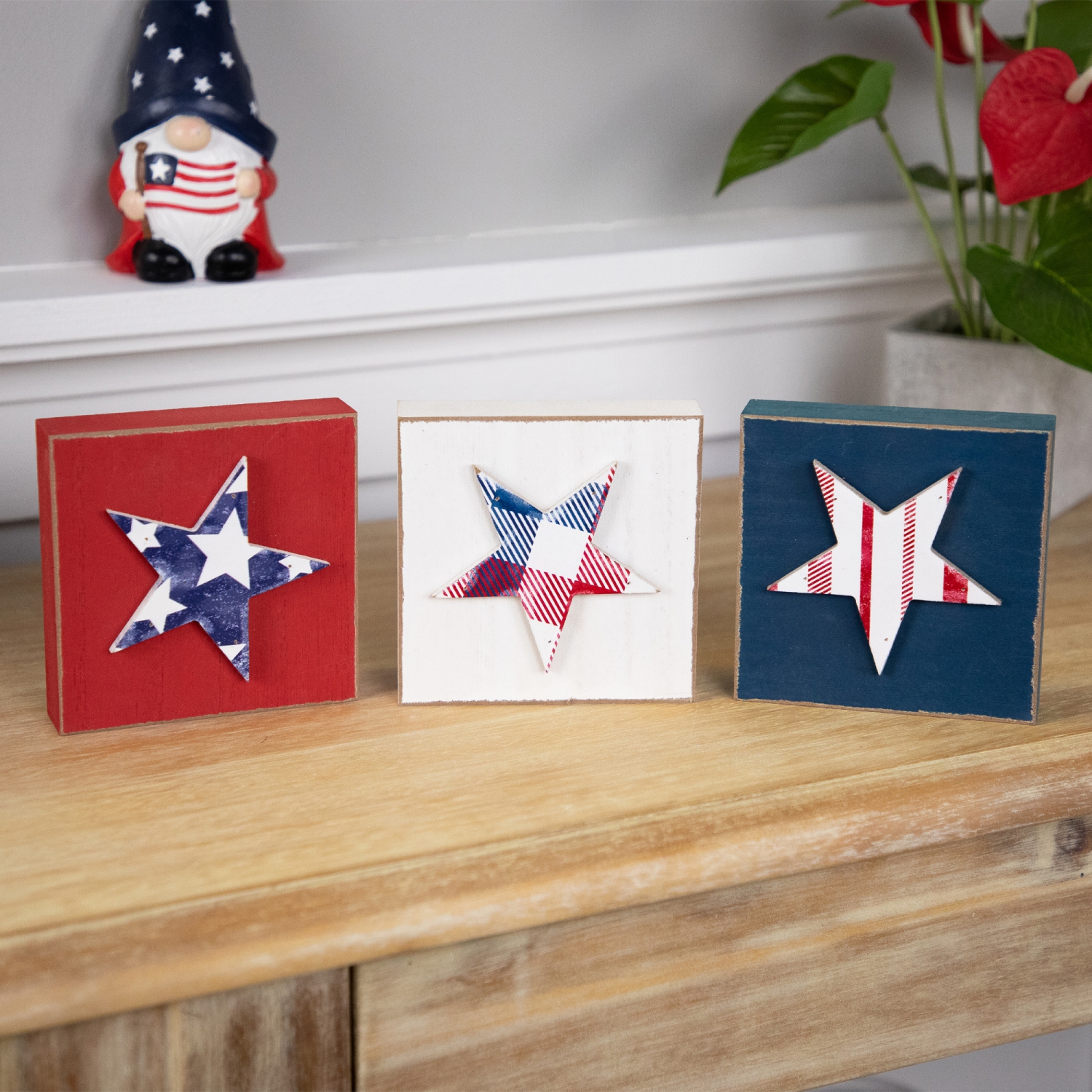 Stars and Stripes Americana Wooden Plaques - 4.25" - Red, White and Blue - Set of 3