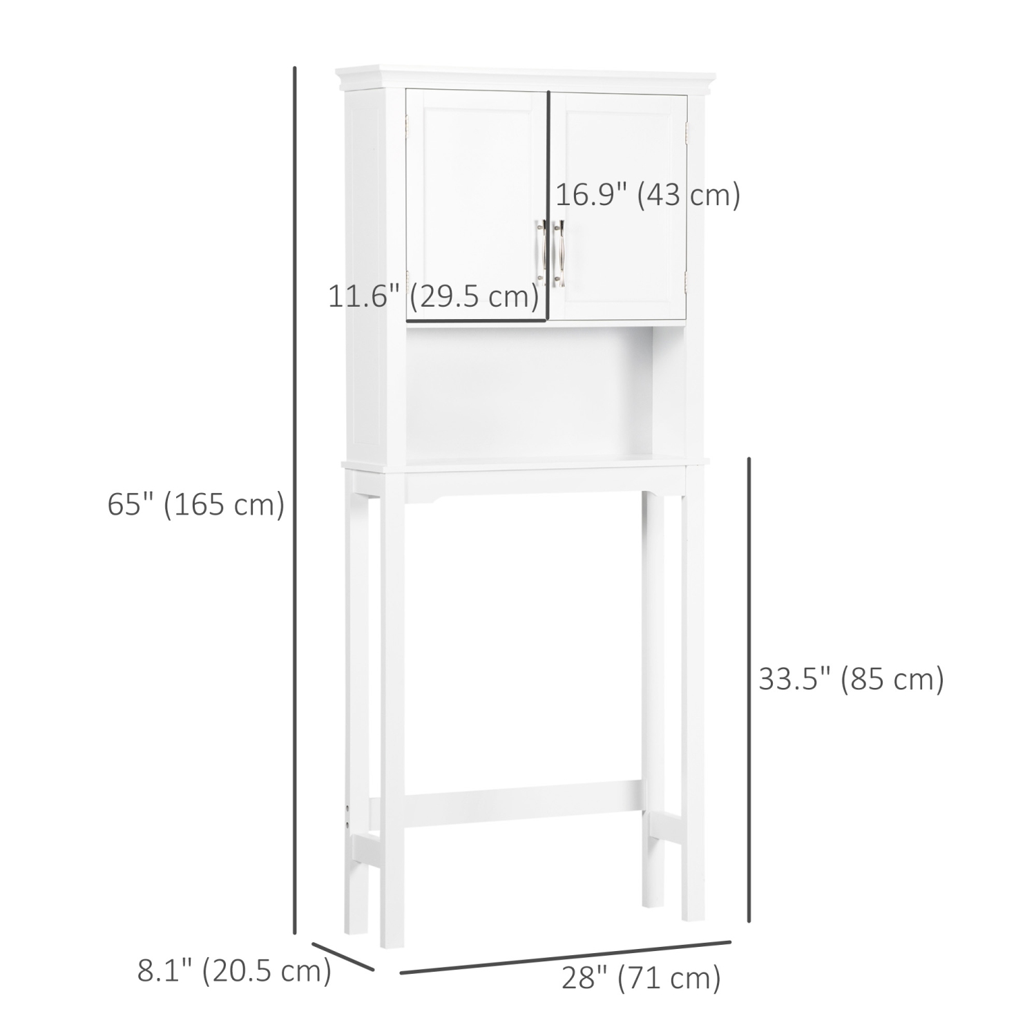 Kleankin – Armoire de rangement pour toilettes, double porte sur range-tout pour salle de bains avec tablette réglable et tablette ouverte, blanc