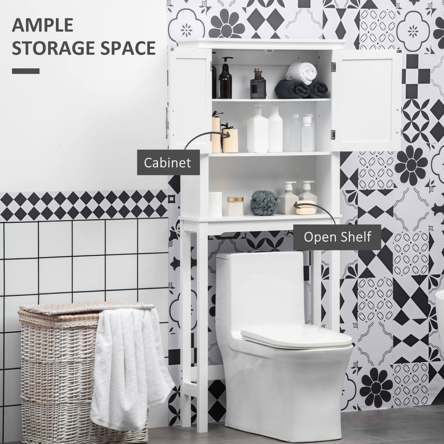 Kleankin – Armoire de rangement pour toilettes, double porte sur range-tout pour salle de bains avec tablette réglable et tablette ouverte, blanc