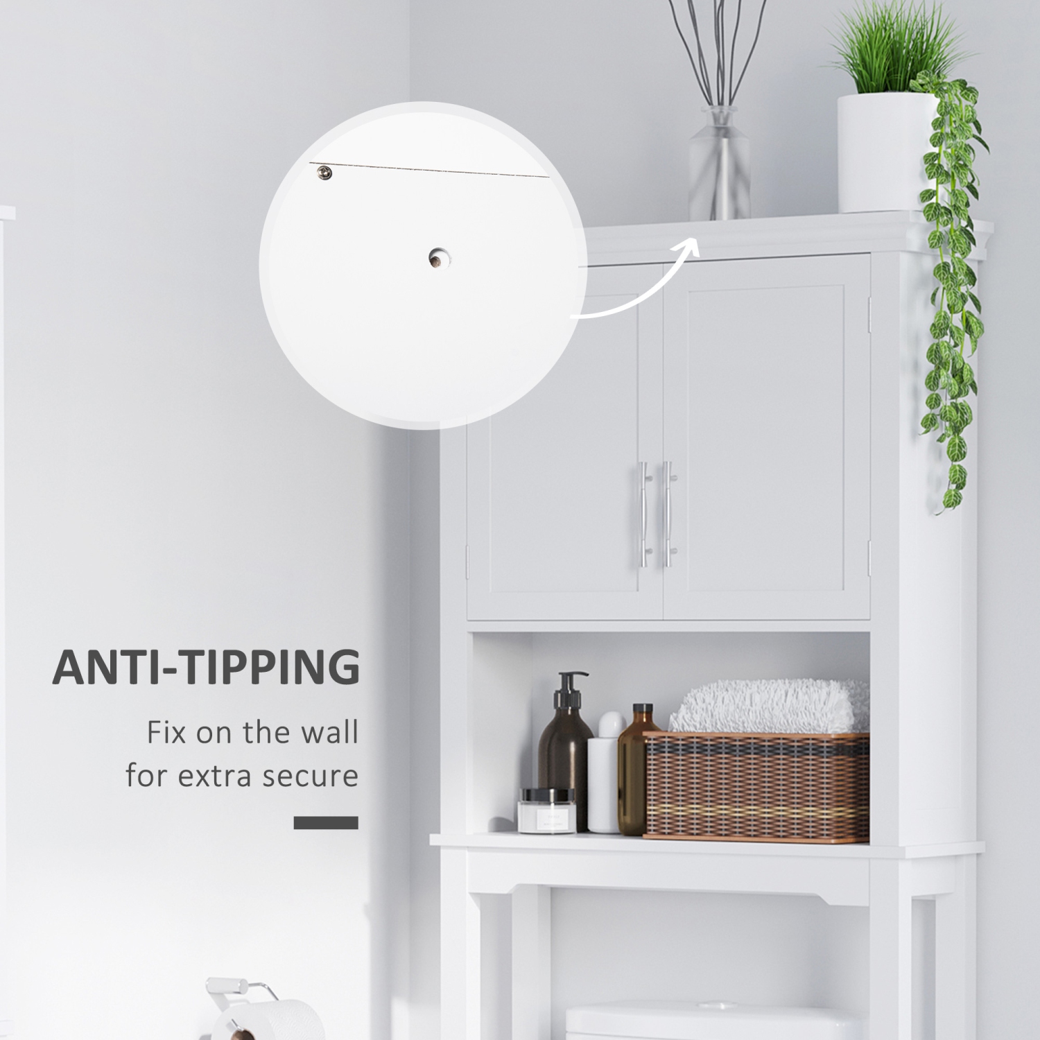 Kleankin – Armoire de rangement pour toilettes, double porte sur range-tout pour salle de bains avec tablette réglable et tablette ouverte, blanc