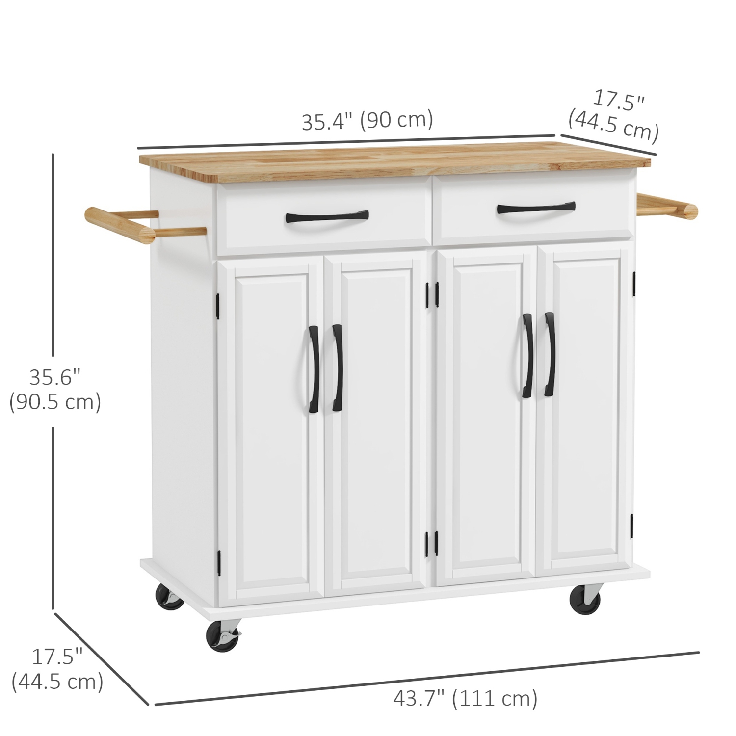 HOMCOM Kitchen Island with Storage, Rolling Kitchen Cart on Wheels with 2 Drawers, 2 Cabinets, Rubberwood Top and Towel Racks