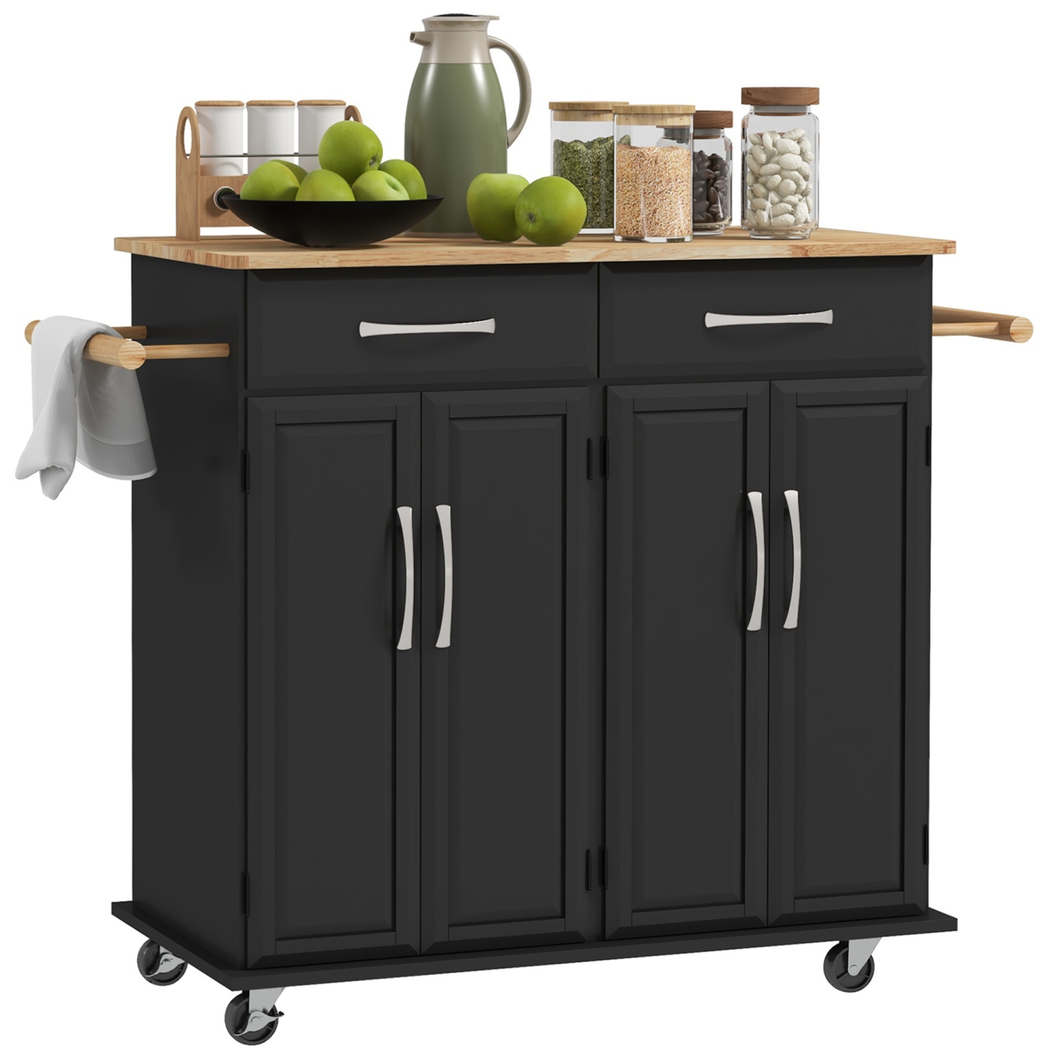 HOMCOM Kitchen Island with Storage, Rolling Kitchen Cart on Wheels with 2 Drawers, 2 Cabinets, Rubberwood Top and Towel Racks