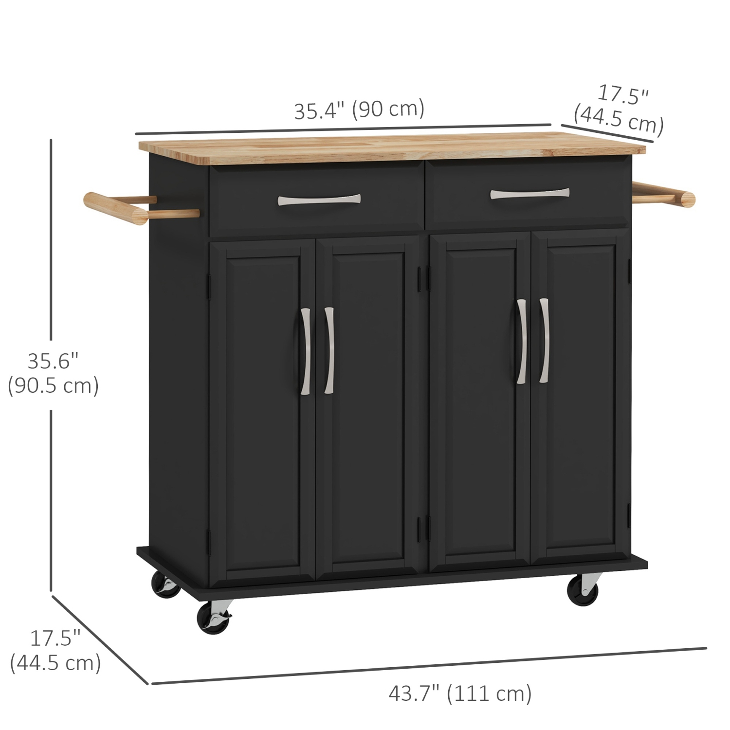 HOMCOM Kitchen Island with Storage, Rolling Kitchen Cart on Wheels with 2 Drawers, 2 Cabinets, Rubberwood Top and Towel Racks