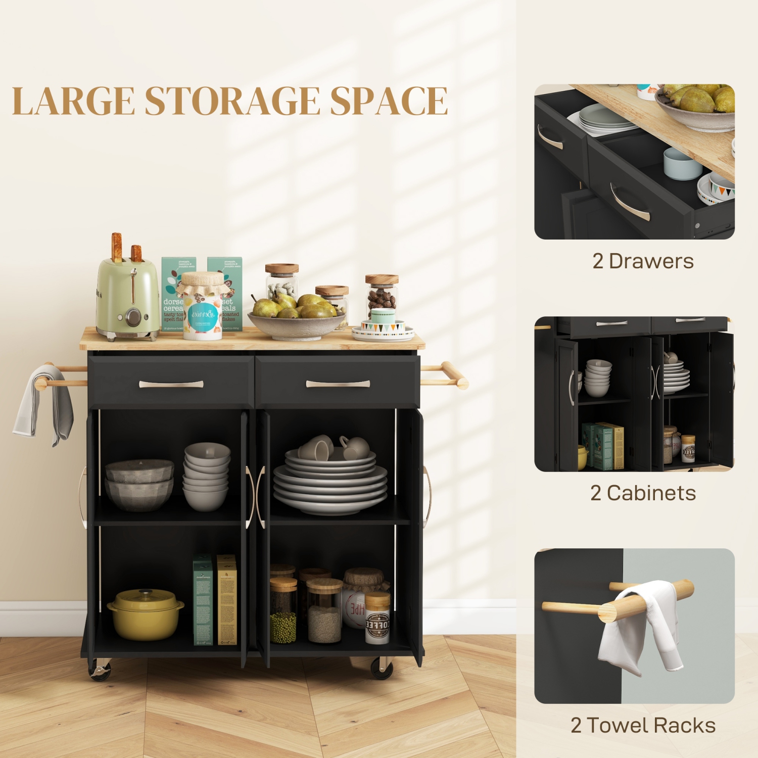 HOMCOM Kitchen Island with Storage, Rolling Kitchen Cart on Wheels with 2 Drawers, 2 Cabinets, Rubberwood Top and Towel Racks