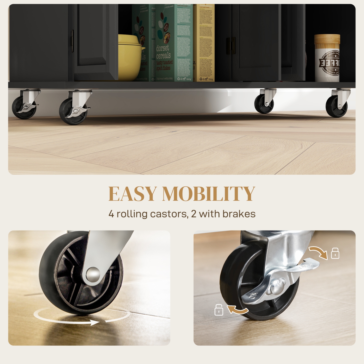 HOMCOM Kitchen Island with Storage, Rolling Kitchen Cart on Wheels with 2 Drawers, 2 Cabinets, Rubberwood Top and Towel Racks