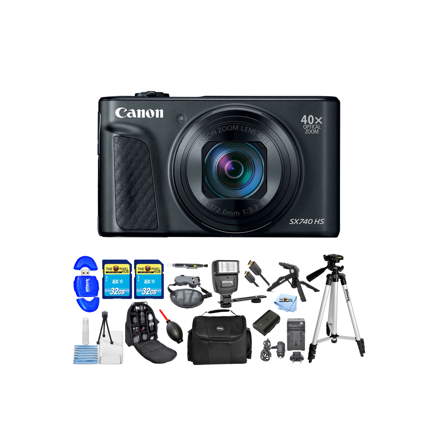 Canon PowerShot SX740 HS Digital Camera (Black) Battery + 64GB + Flash Bundle