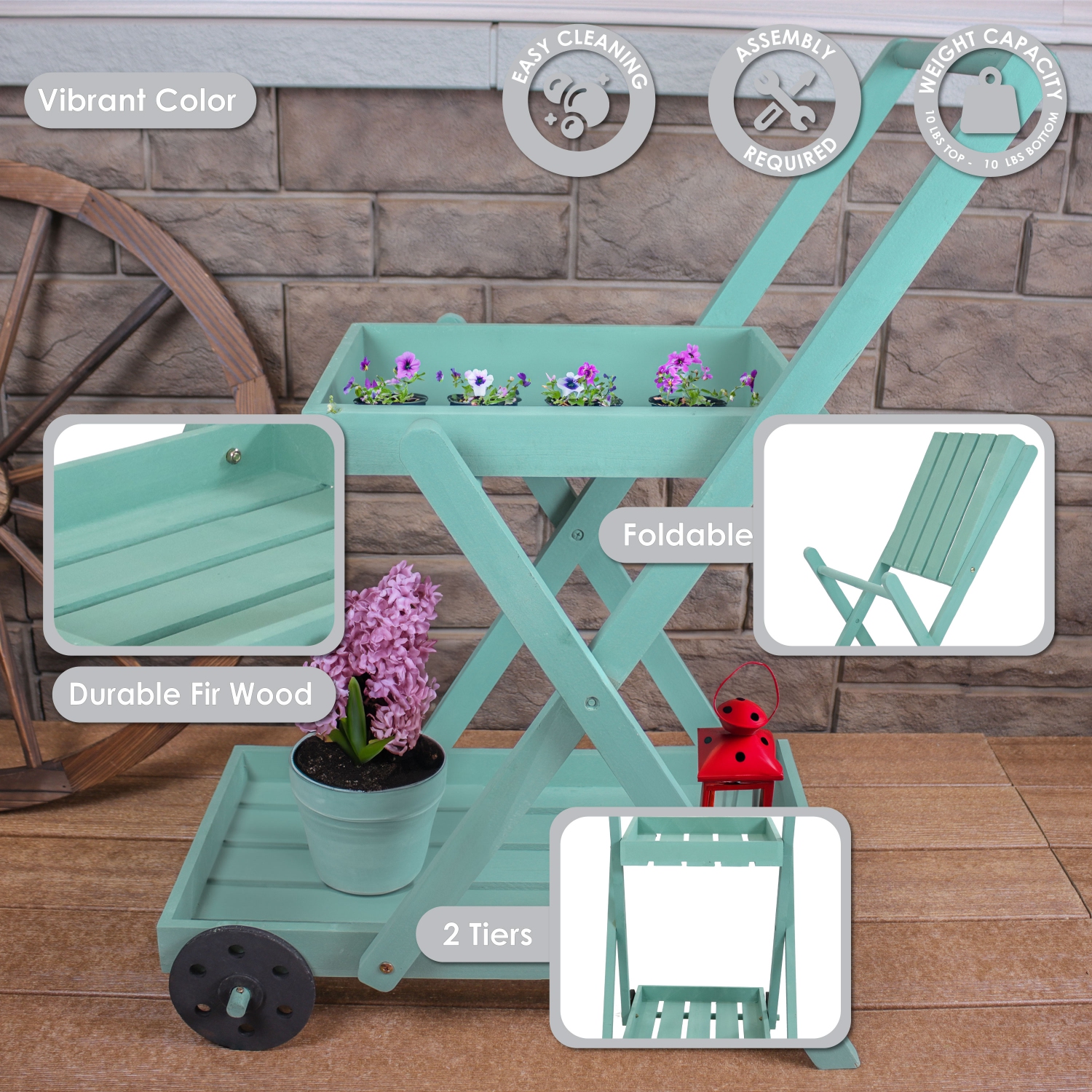 Sunnydaze 2-Tier Fir Wheeled Planter Stand - Robin Egg Blue