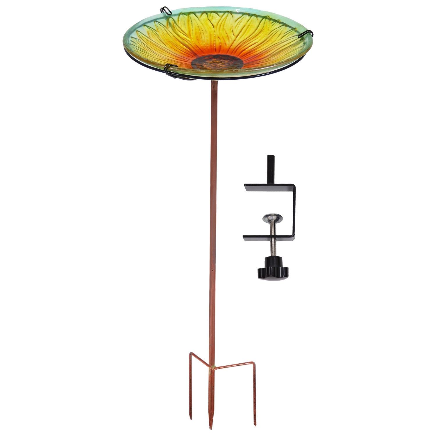 Sunnydaze Deck-Mounted Glass Bird Bath with Stake - Blooming Sunflower