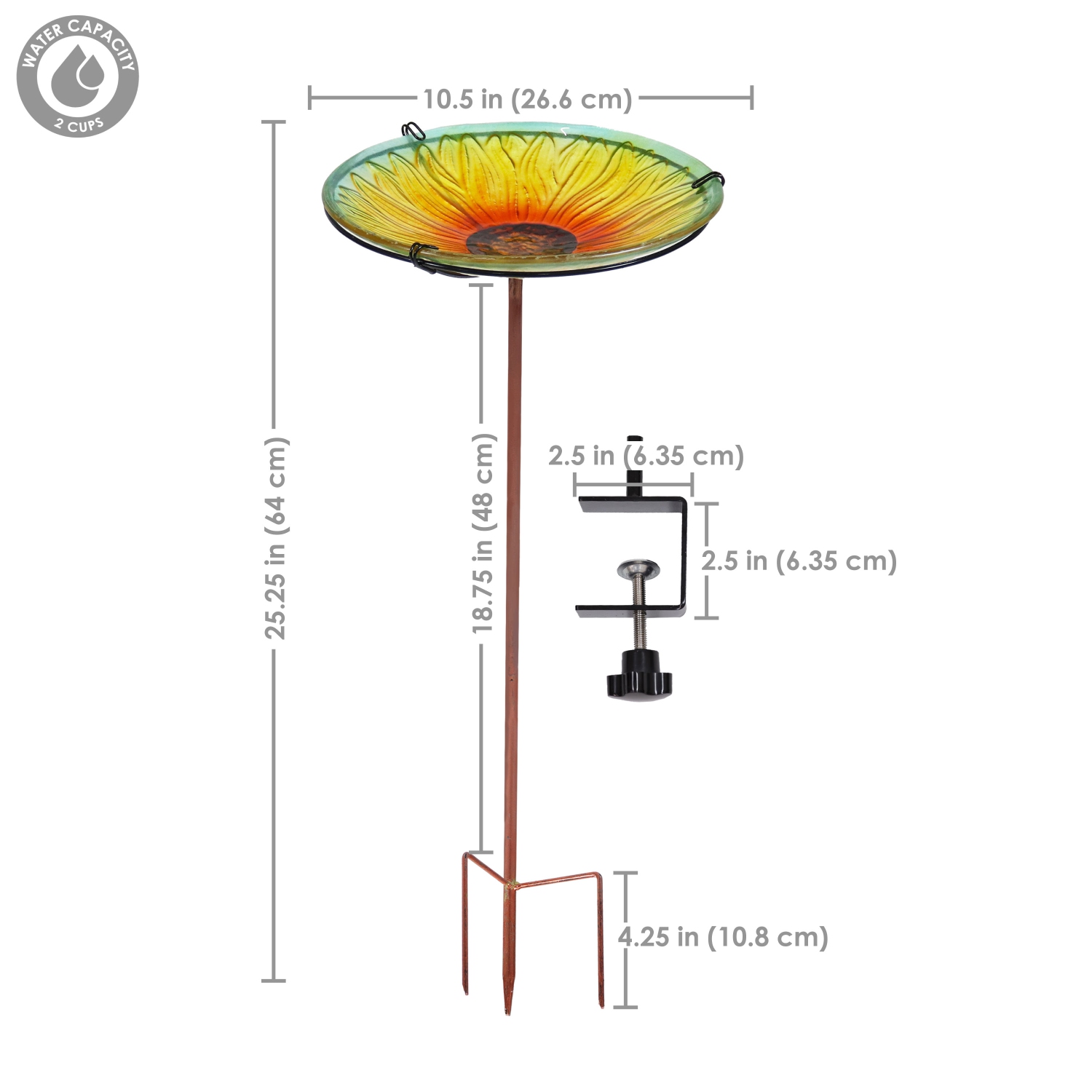 Sunnydaze Deck-Mounted Glass Bird Bath with Stake - Blooming Sunflower