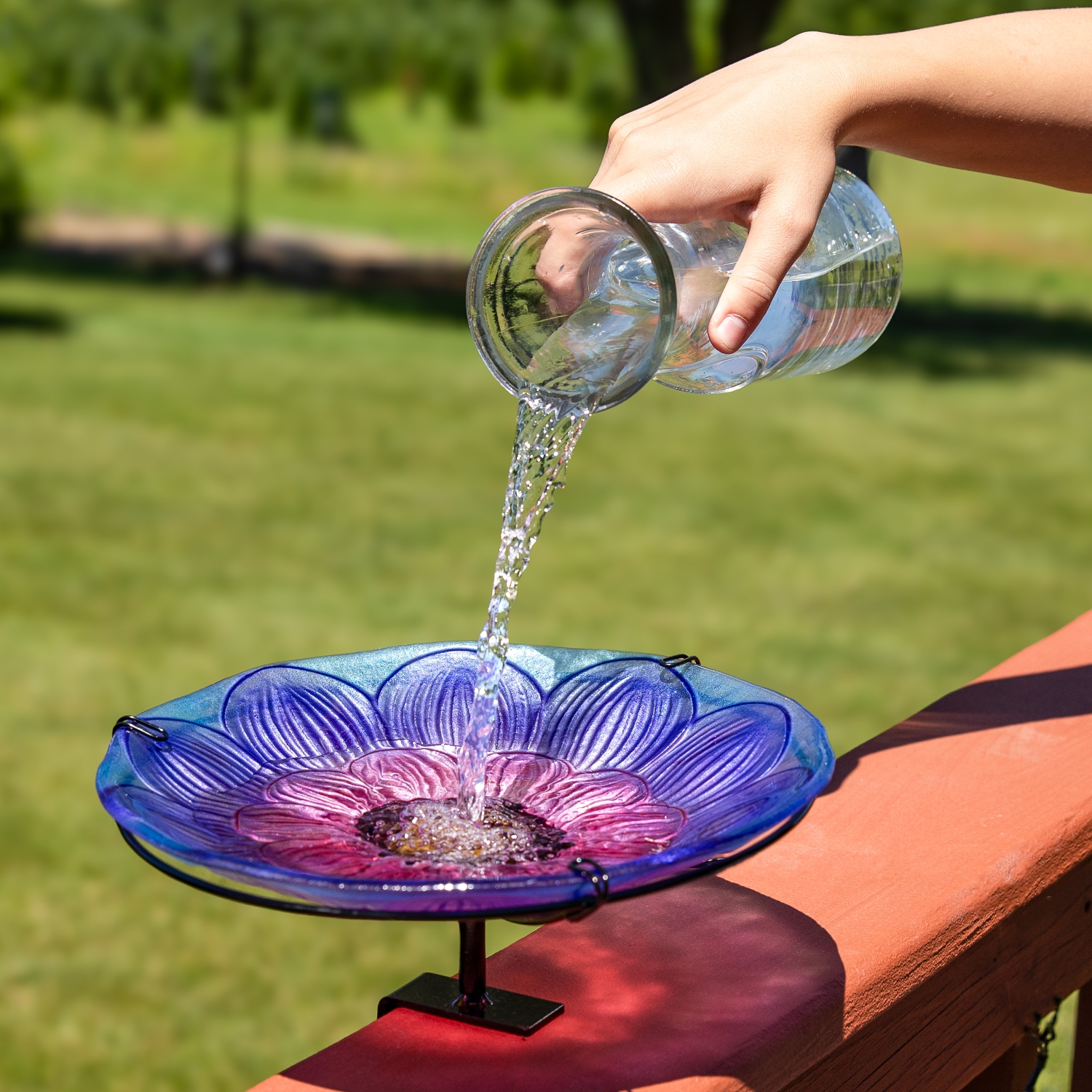 Sunnydaze Deck-Mounted/Staked Glass Bird Bath - Spring Crocus
