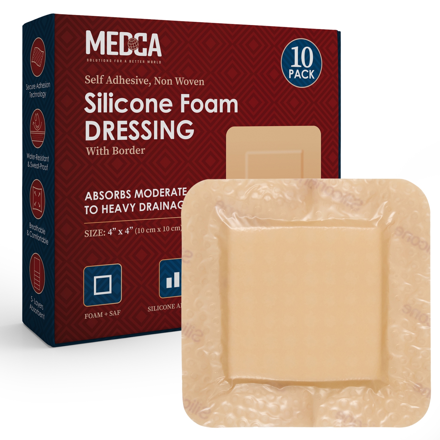 MEDca Silicone Foam Dressing w/Adhesive Border 4"x4" (Pack of 10) Waterproof Silicone Bandages for Wounds, Highly-Absorbent Wound Dressing Bandage Care for Bed Sore Bandages, Press