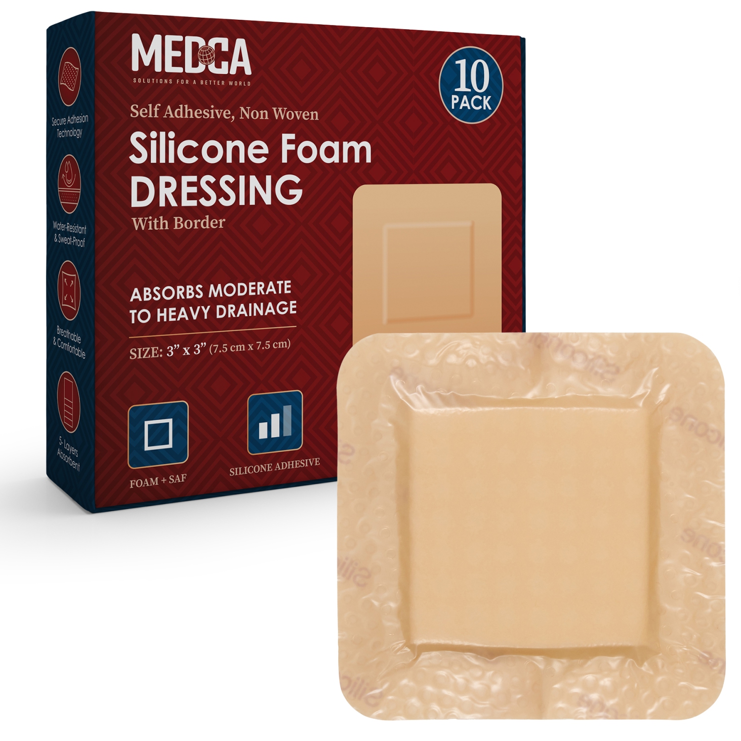 MEDca Silicone Foam Dressing w/Adhesive Border 3"x3" (Pack of 10) Waterproof Silicone Bandages for Wounds, Highly-Absorbent Wound Dressing Bandage Care for Bed Sore Bandages, Press