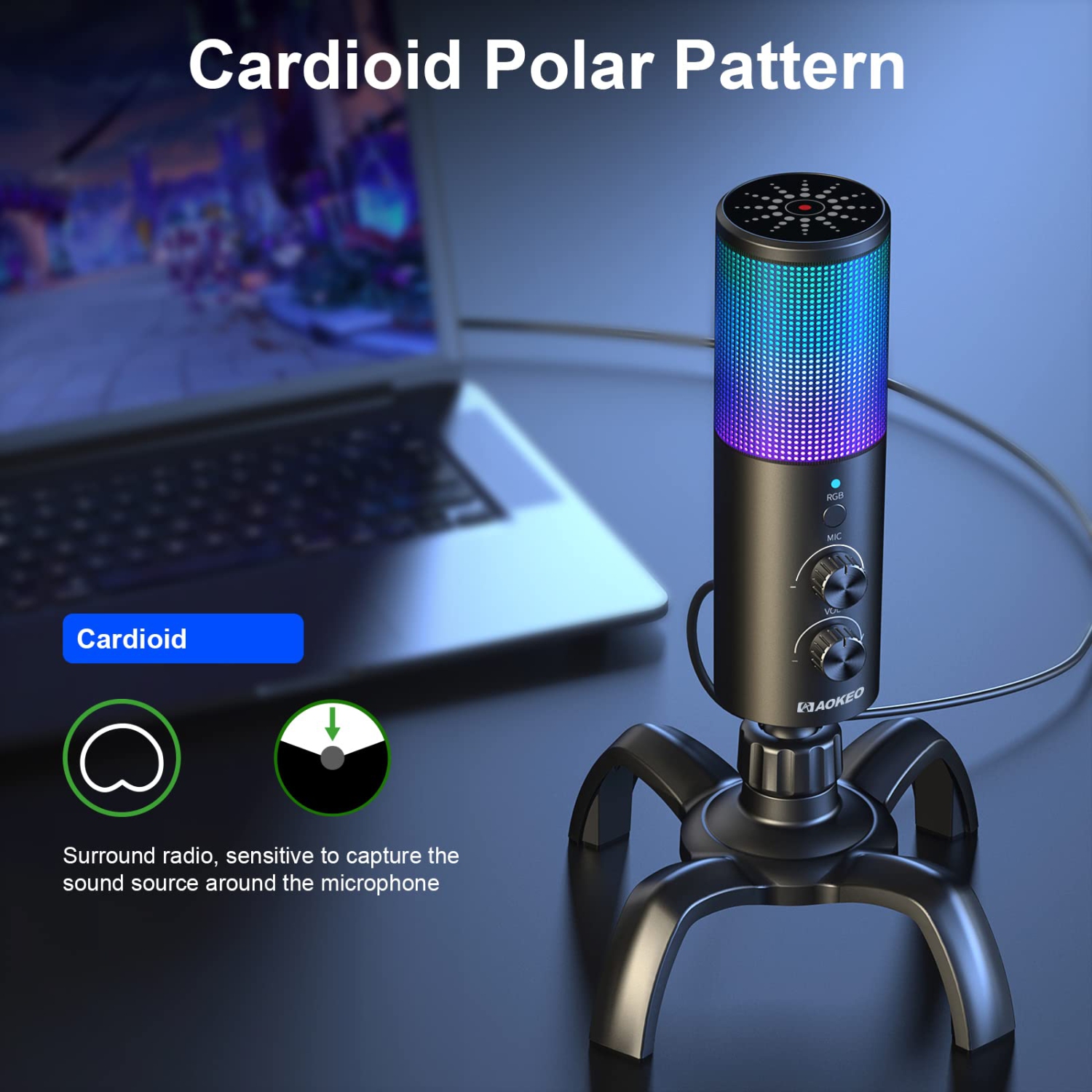 USB Gaming Microphone,PC Computer Condenser Mic with Gain,RGB Light for Recording,Podcasting,Streaming,YouTube, Twitch,Skype,Compatible with PS5 PS4