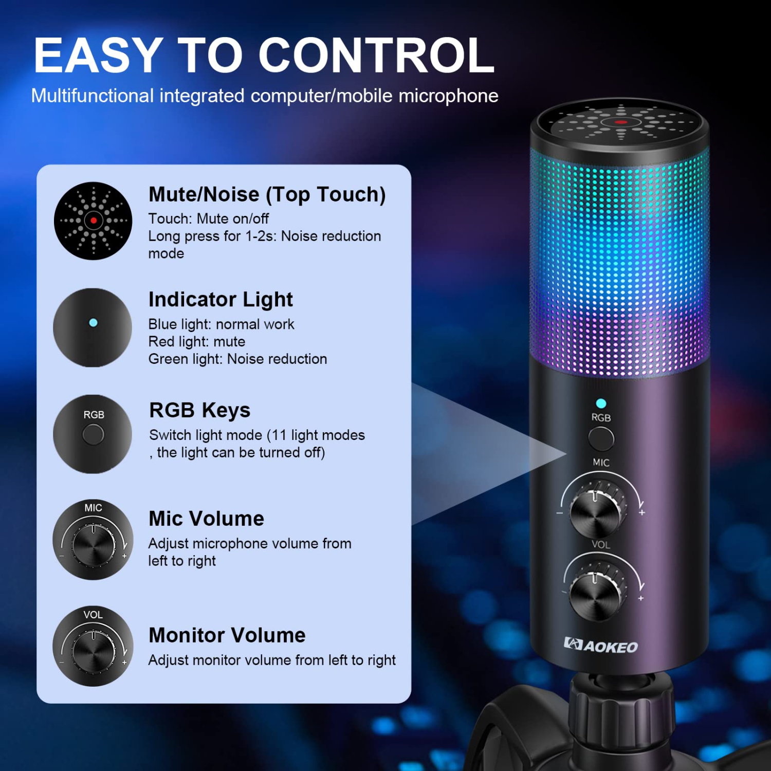 USB Gaming Microphone,PC Computer Condenser Mic with Gain,RGB Light for Recording,Podcasting,Streaming,YouTube, Twitch,Skype,Compatible with PS5 PS4