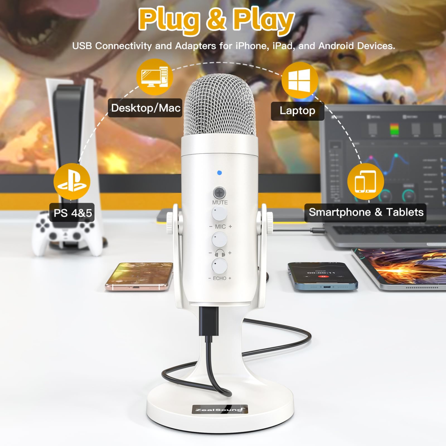USB Microphone,Condenser Computer PC Mic Gaming Microphones for PS 4&5.Headphone Output&Volume Control,Mic Gain Control,Mute Button for Vocal,YouTube