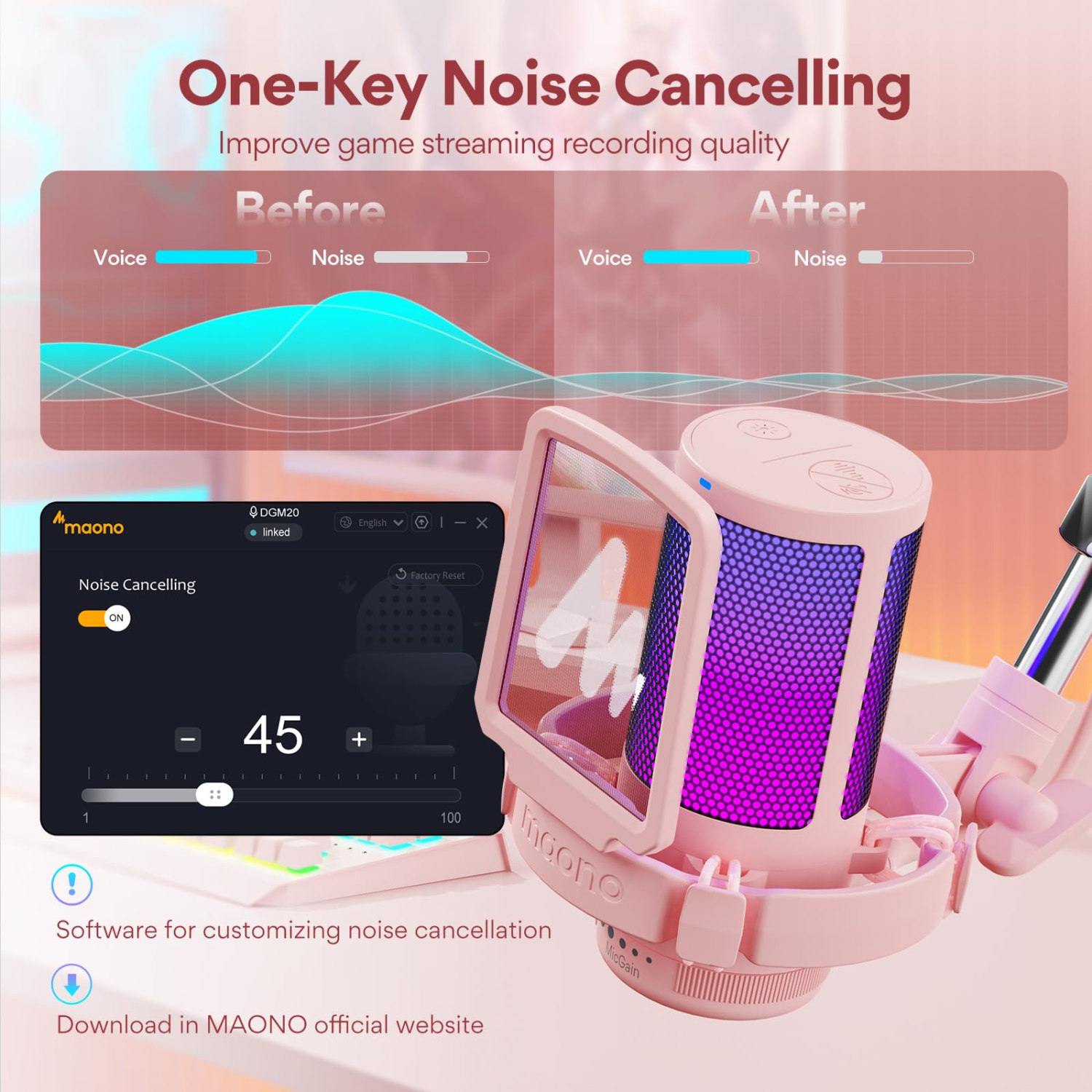 Gaming USB Microphone, Noise Cancellation Condenser mic with Mute, Gain, Monitoring, Boom Arm, Pop Filter for Streaming, Podcast, Twitch, YouTube,