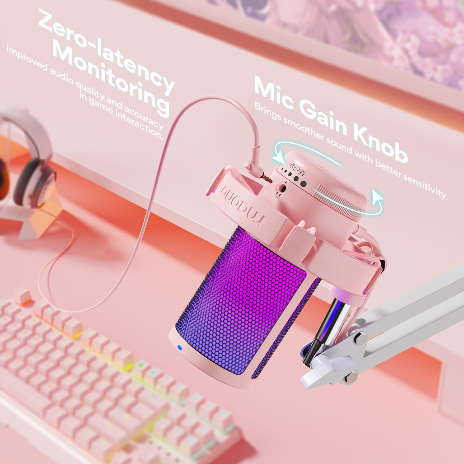 Gaming USB Microphone, Noise Cancellation Condenser mic with Mute, Gain, Monitoring, Boom Arm, Pop Filter for Streaming, Podcast, Twitch, YouTube,