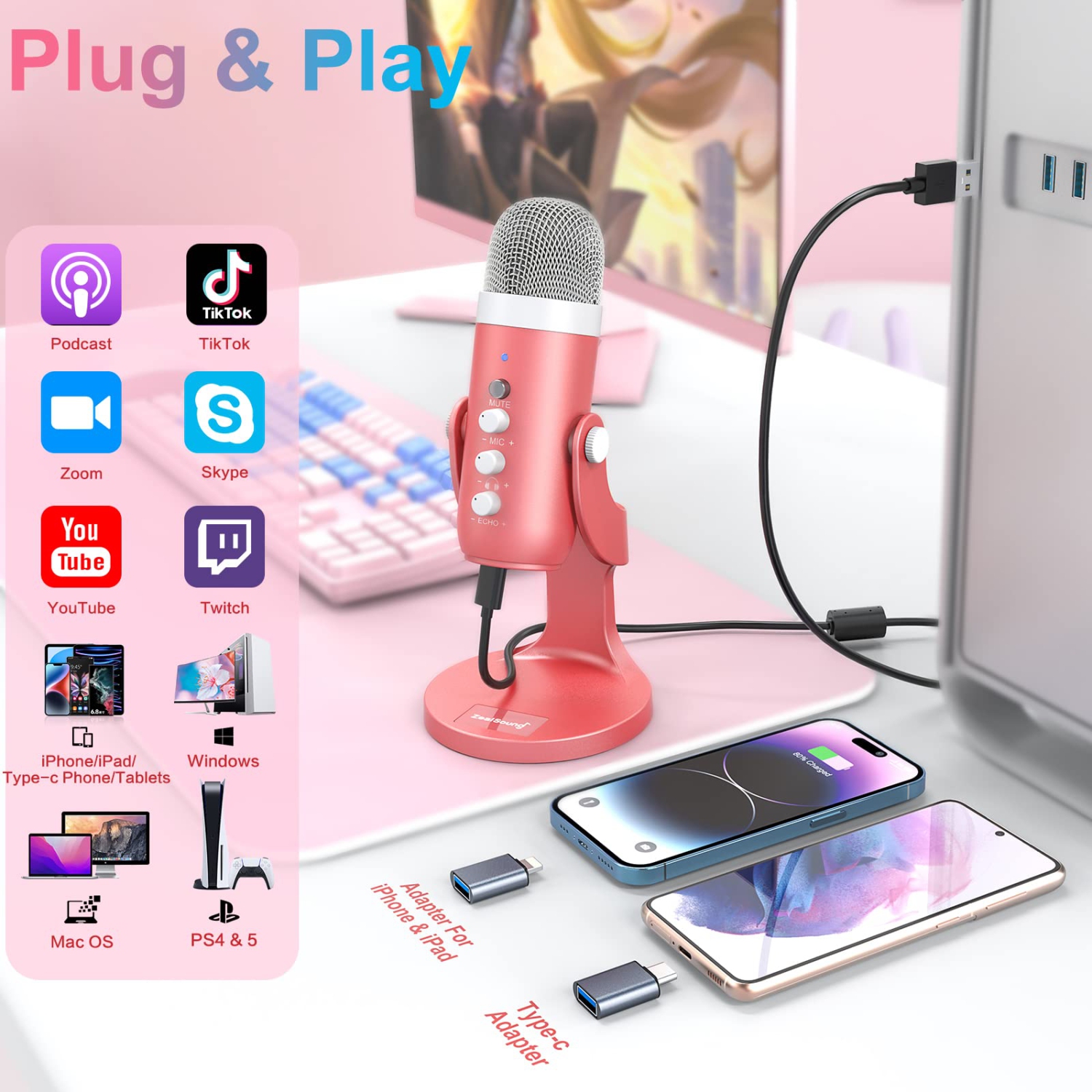 Gaming USB Microphone,Pink Microphone with Quick Mute for Phone Computer PC PS5,Studio Mic with Gain Control,Echo&Monitor Volume Adjust for Streaming