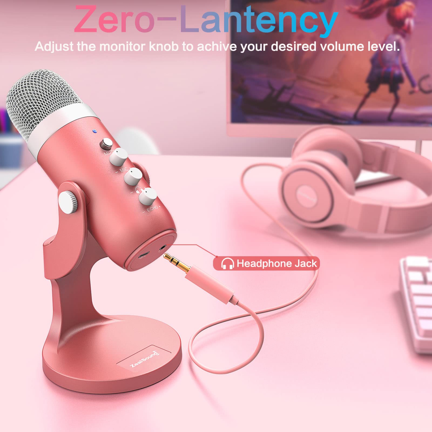 Gaming USB Microphone,Pink Microphone with Quick Mute for Phone Computer PC PS5,Studio Mic with Gain Control,Echo&Monitor Volume Adjust for Streaming