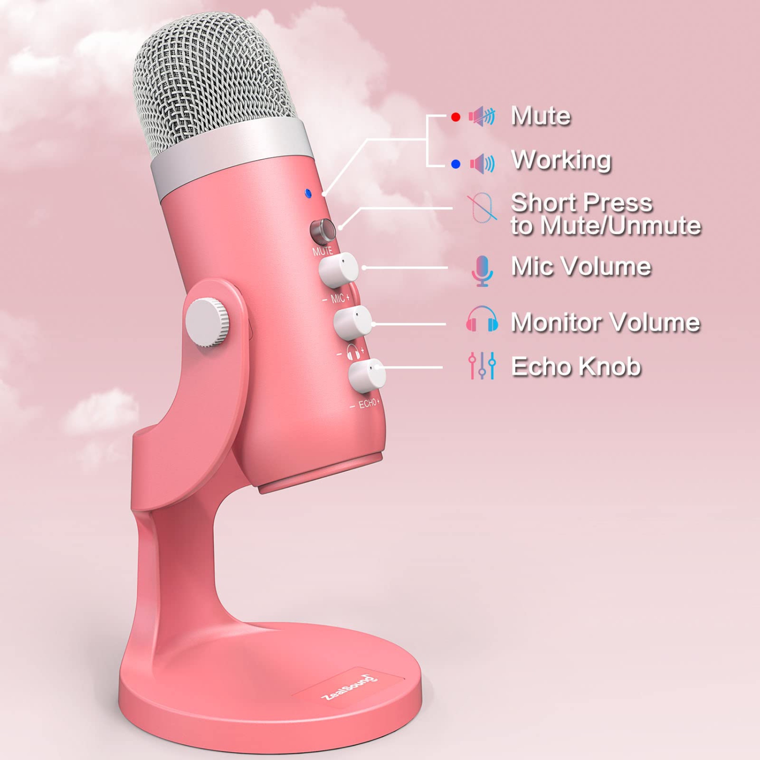 Gaming USB Microphone,Pink Microphone with Quick Mute for Phone Computer PC PS5,Studio Mic with Gain Control,Echo&Monitor Volume Adjust for Streaming