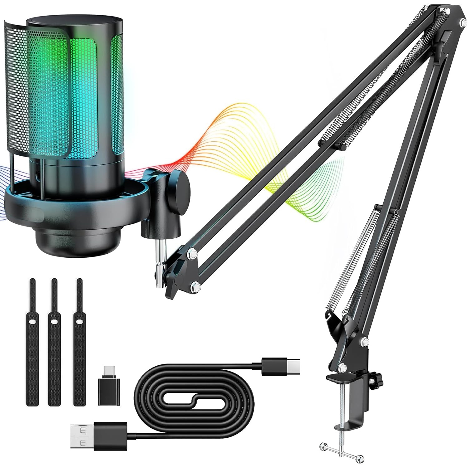 RGB USB Microphone for Gaming, Streaming & Podcasting, Quick Touch Mute, Volume Knob, Boom Arm, Type-C, 3.5mm Monitor, Shock Mount, Plug & Play Mic