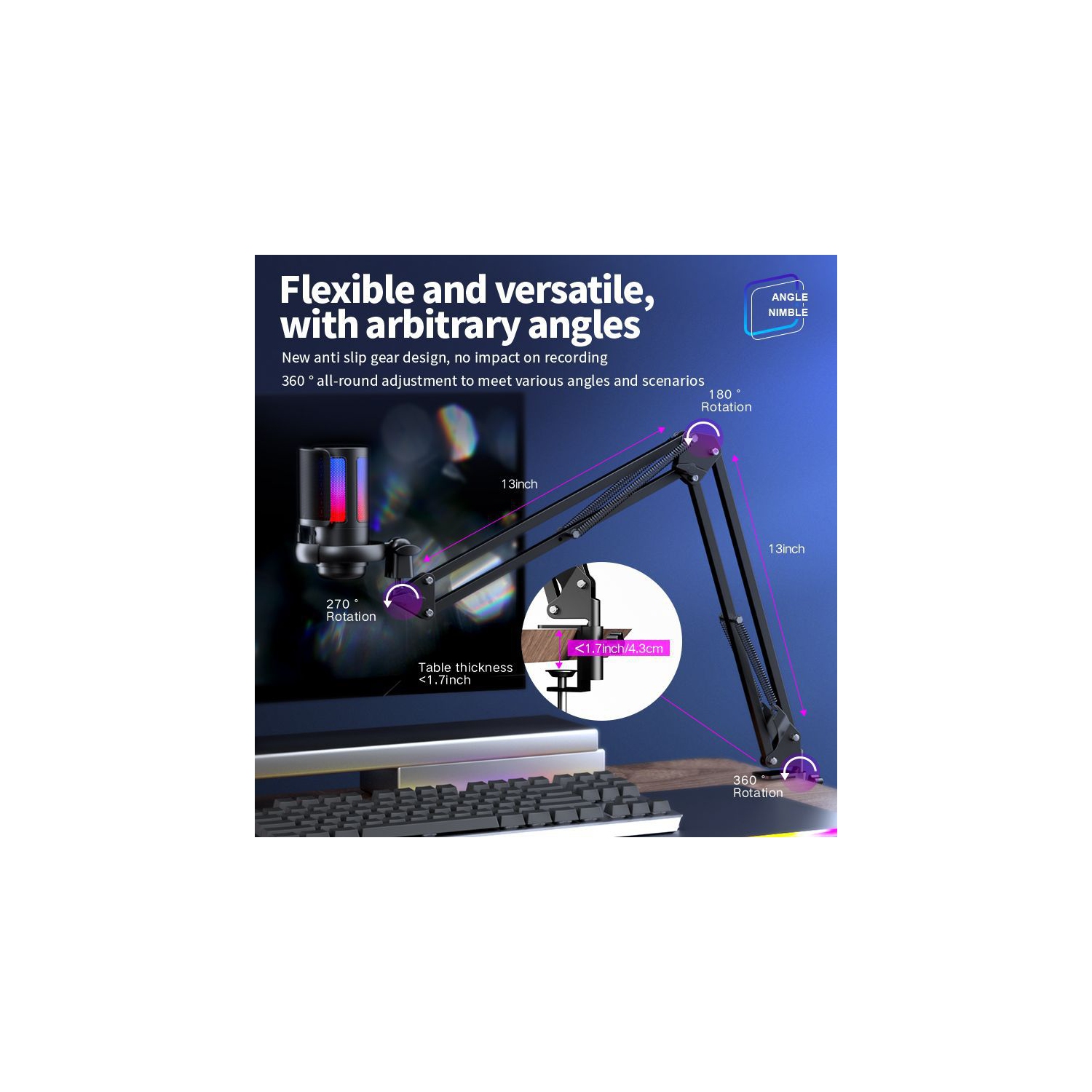 RGB USB Microphone for Gaming, Streaming & Podcasting, Quick Touch Mute, Volume Knob, Boom Arm, Type-C, 3.5mm Monitor, Shock Mount, Plug & Play Mic