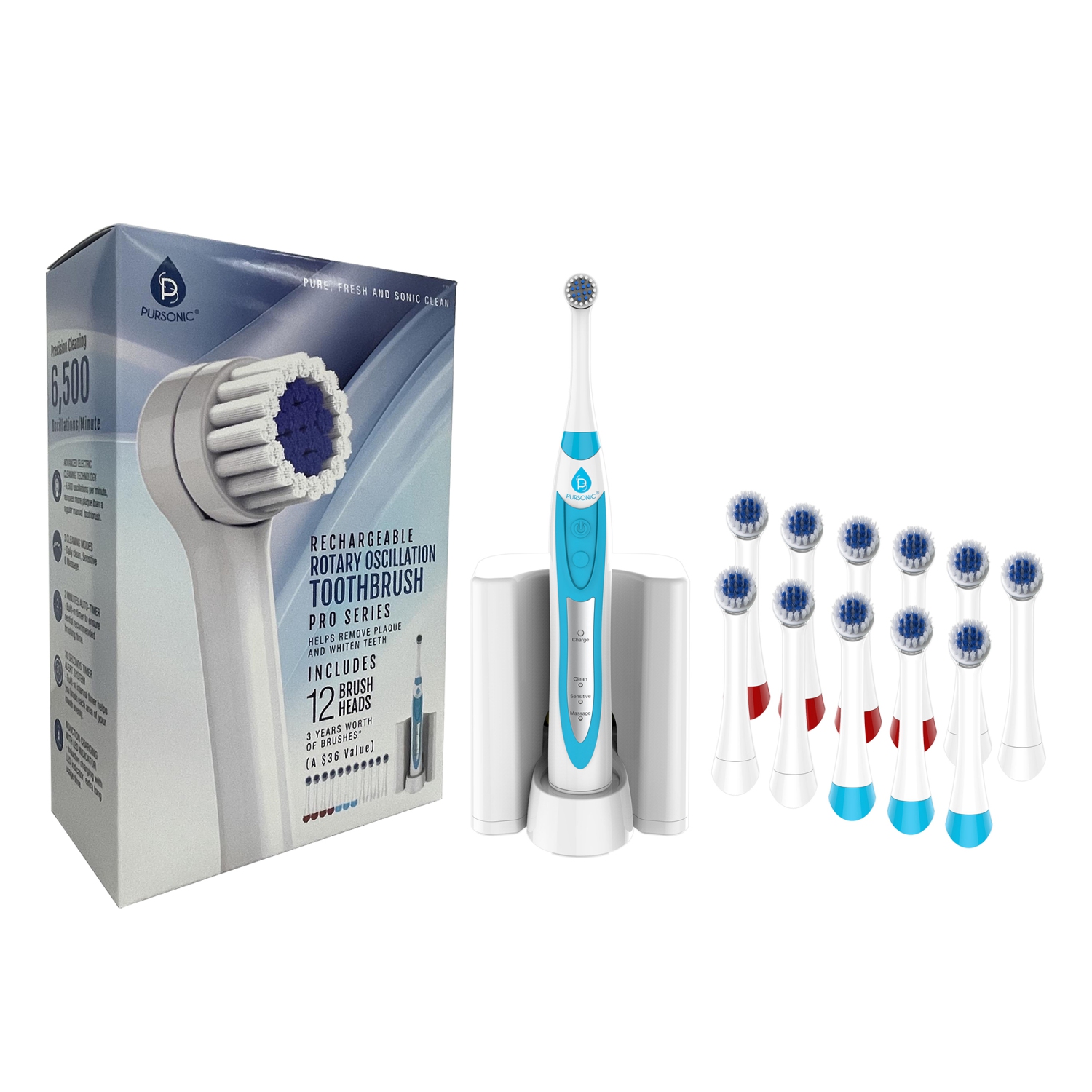 Brosse à dents oscillante rotative rechargeable Pro de Pursonic - Blanc