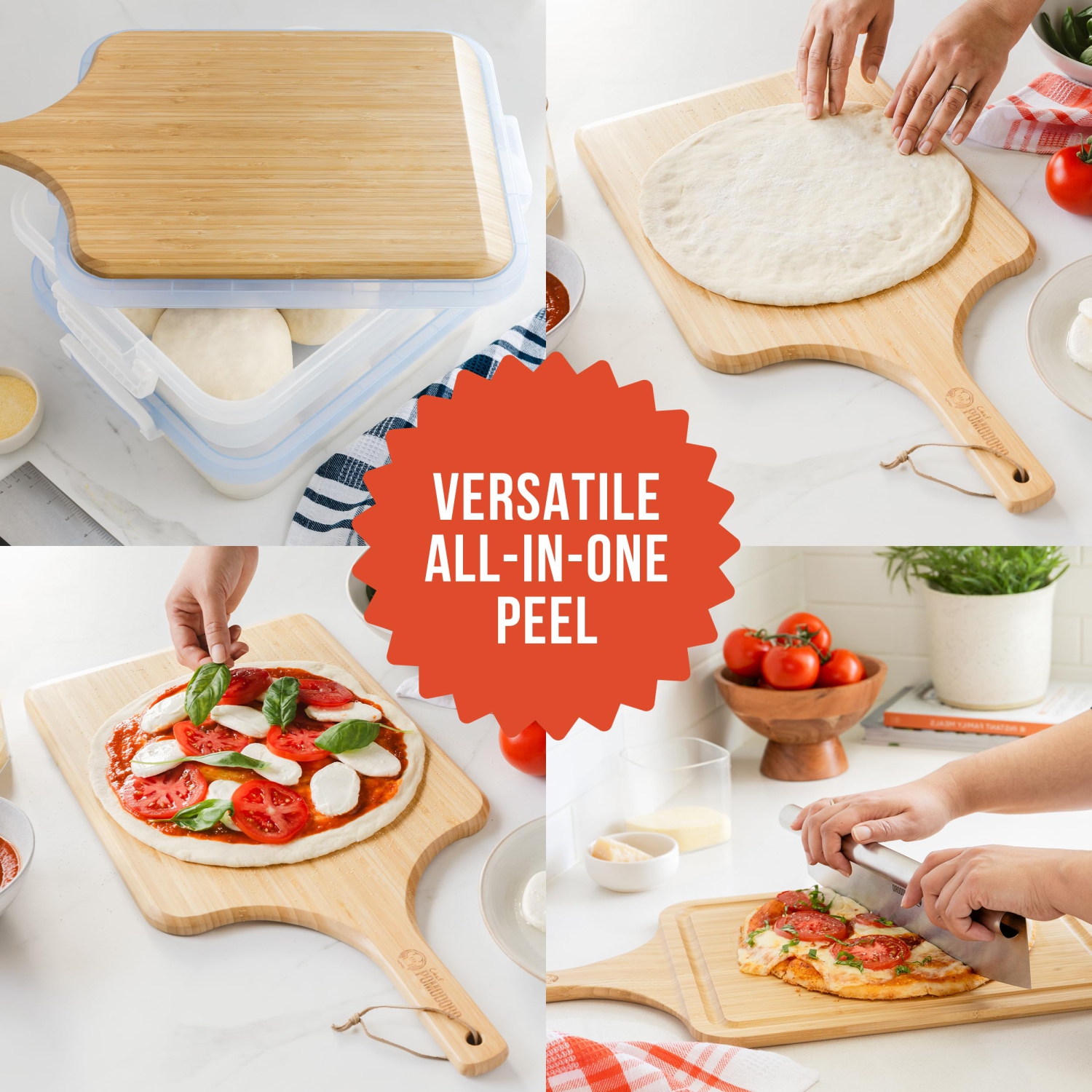 Pelle à pizza en bambou 2-en-1 chef Pomodoro – planche à découper et de service, transition de pâte parfaite de 12 po et conception compacte qui