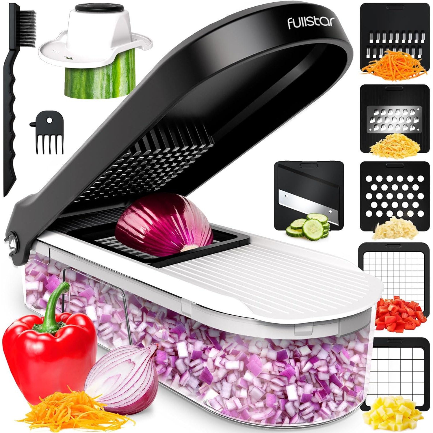 Vegetable Chopper Cutter Mandoline Slicer Cheese Grater - Food Onion Salad Veggie Chopper, Container - French Fry Dicer Slicer Cutter - Kitchen Tools Gadgets (6-in-1 Compact White)