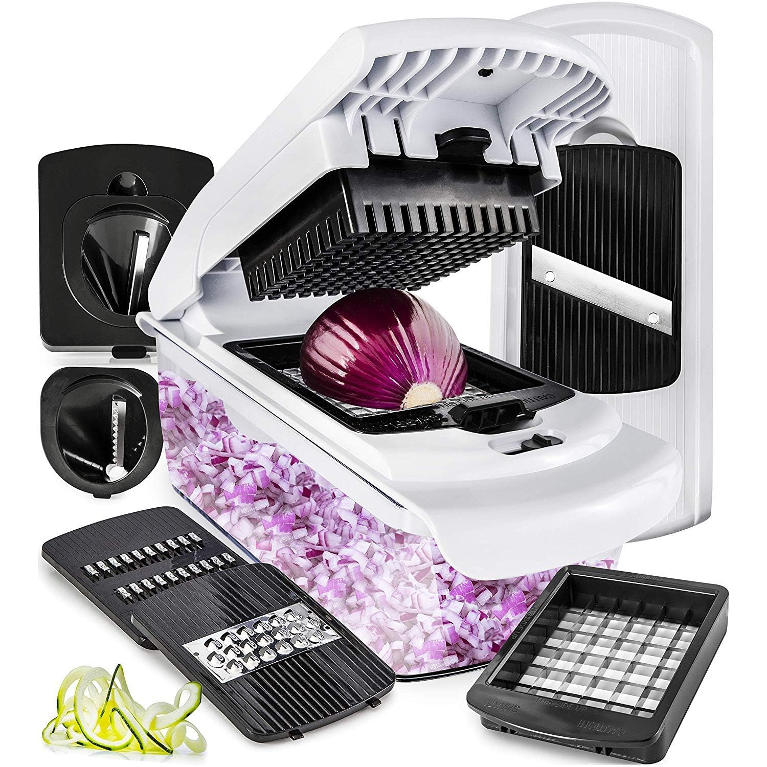 Vegetable Chopper Cutter Mandoline Slicer Cheese Grater - Food Onion Salad Veggie Chopper Container - French Fry Dicer Slicer Cutter - Kitchen Tools Gadgets (7-in-1 Standard White)