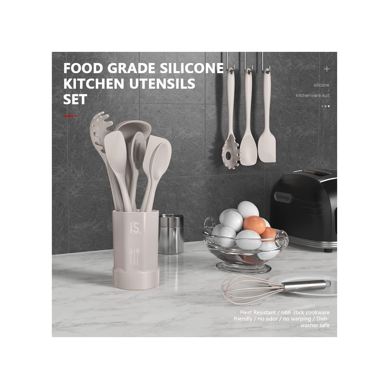 Silicone Cooking Utensils Set - 446°F Heat Resistant Kitchen,Turner Tongs, Spatula, Spoon,Brush, Whisk, Kitchen Ustensil Tools Set for Nonstick