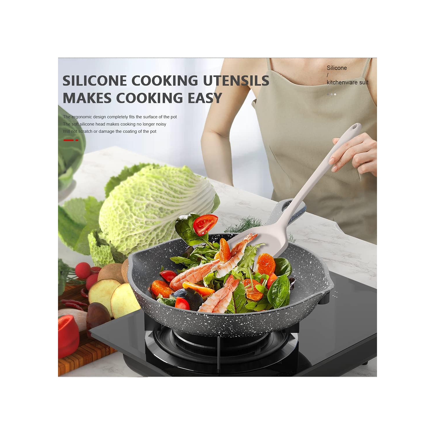 Silicone Cooking Utensils Set - 446°F Heat Resistant Kitchen,Turner Tongs, Spatula, Spoon,Brush, Whisk, Kitchen Ustensil Tools Set for Nonstick