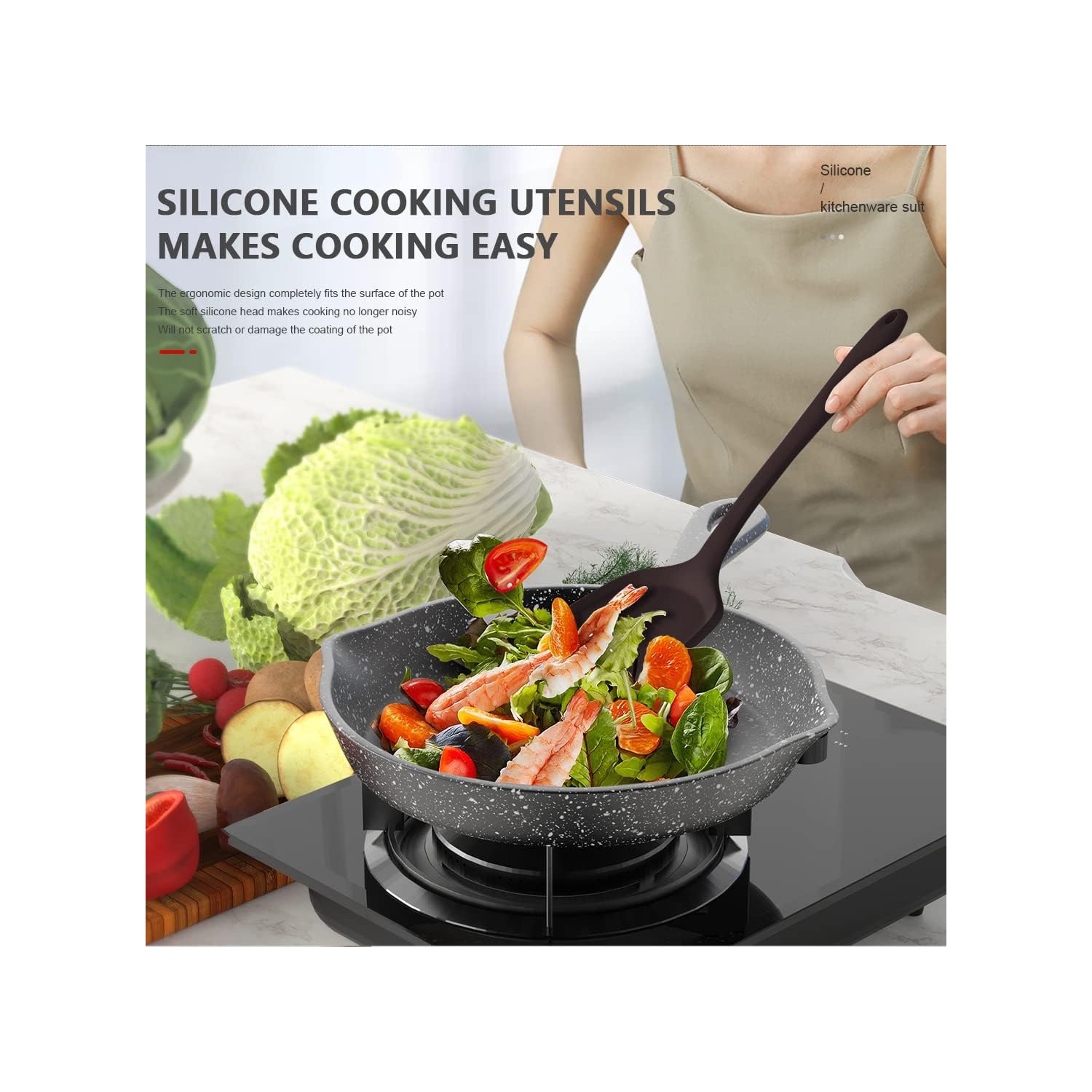 Silicone Cooking Utensils Set - 446°F Heat Resistant Kitchen,Turner Tongs, Spatula, Spoon,Brush, Whisk, Kitchen Ustensil Tools Set for Nonstick