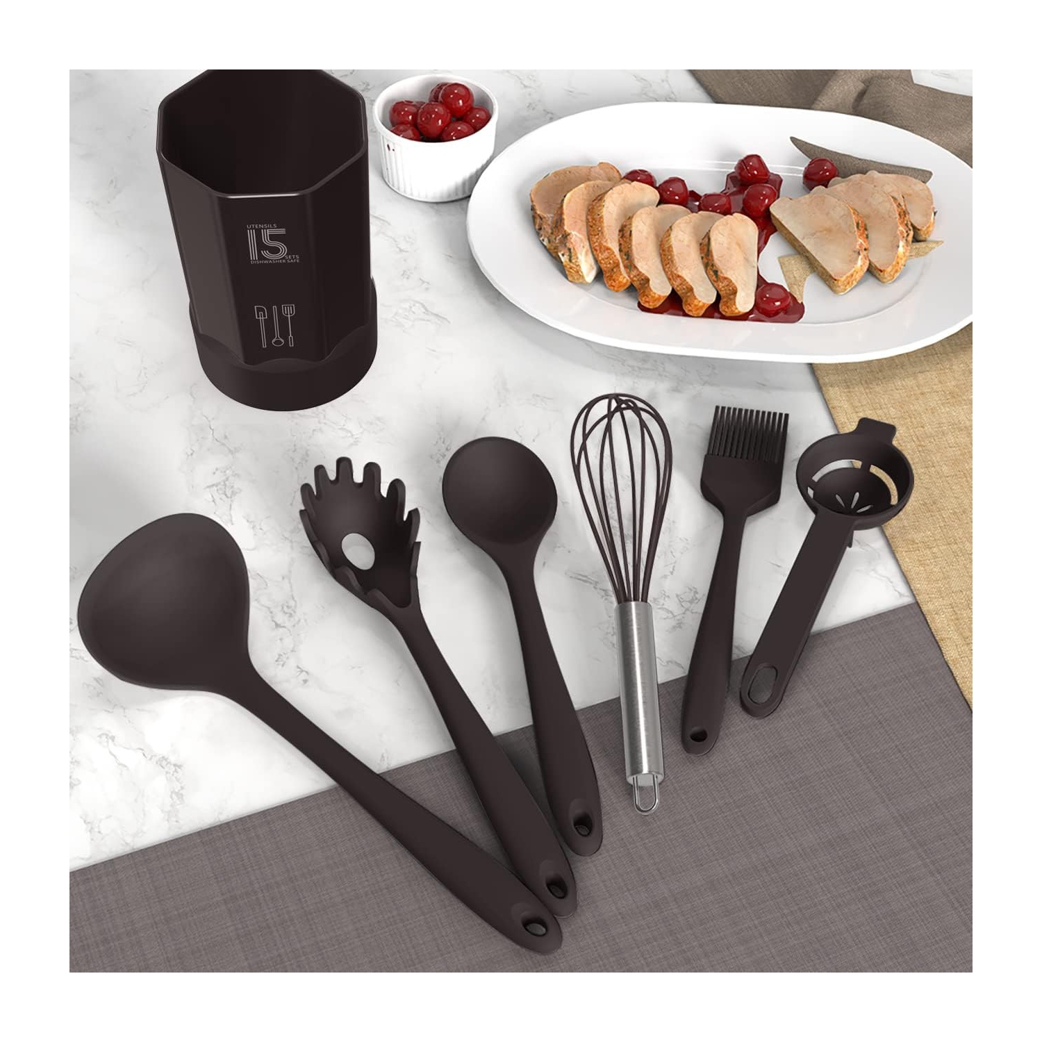 Silicone Cooking Utensils Set - 446°F Heat Resistant Kitchen,Turner Tongs, Spatula, Spoon,Brush, Whisk, Kitchen Ustensil Tools Set for Nonstick