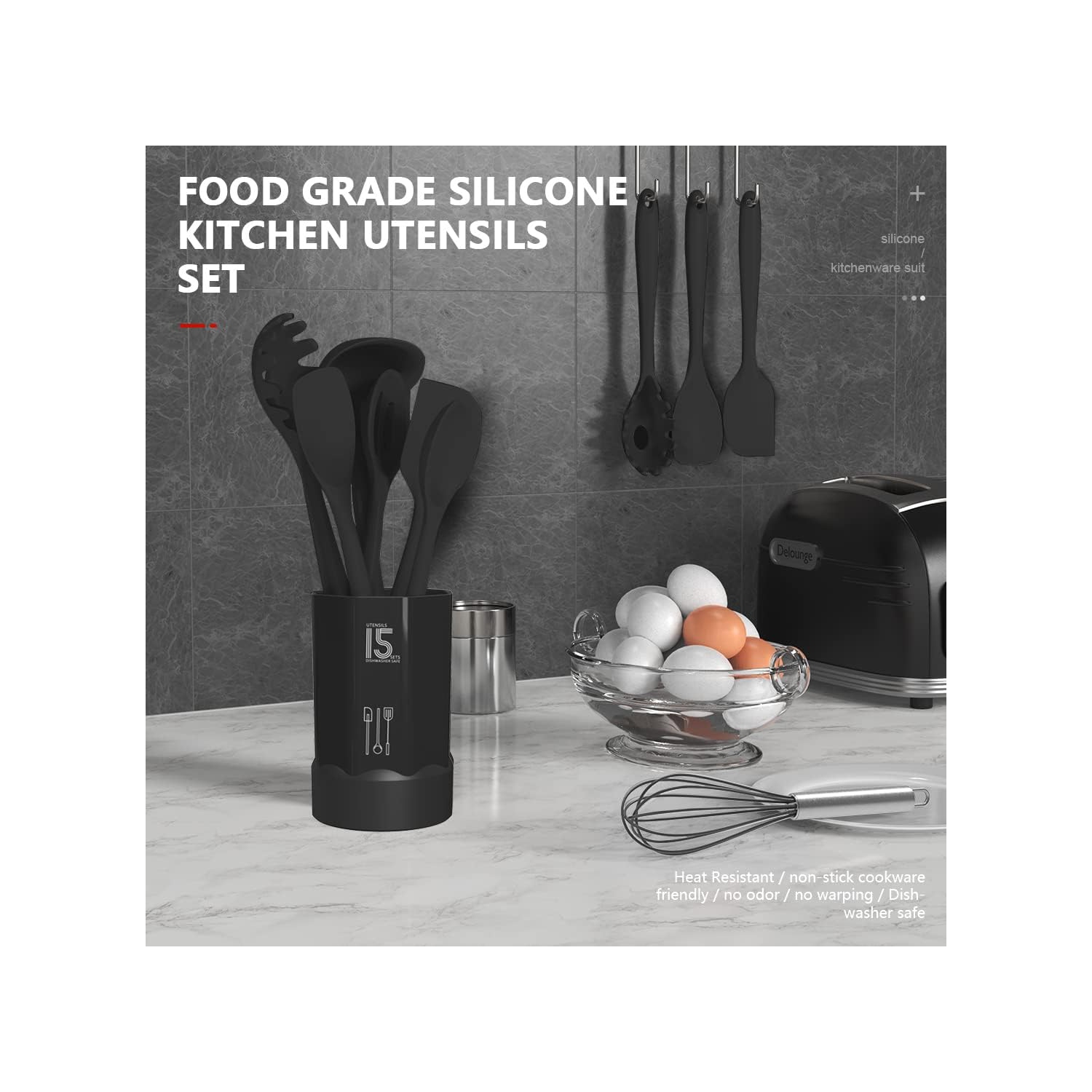Silicone Cooking Utensils Set - 446°F Heat Resistant Kitchen,Turner Tongs, Spatula, Spoon,Brush, Whisk, Kitchen Ustensil Tools Set for Nonstick