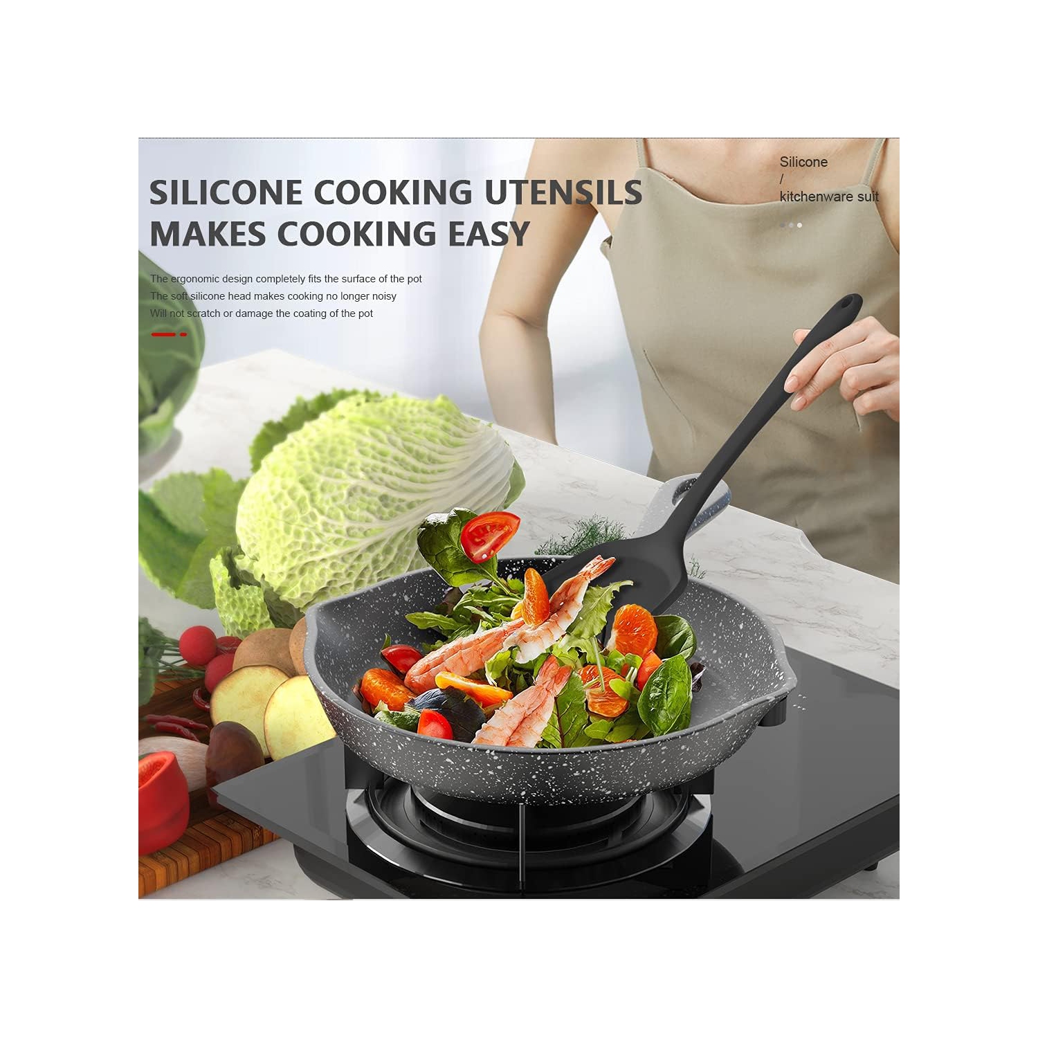 Silicone Cooking Utensils Set - 446°F Heat Resistant Kitchen,Turner Tongs, Spatula, Spoon,Brush, Whisk, Kitchen Ustensil Tools Set for Nonstick