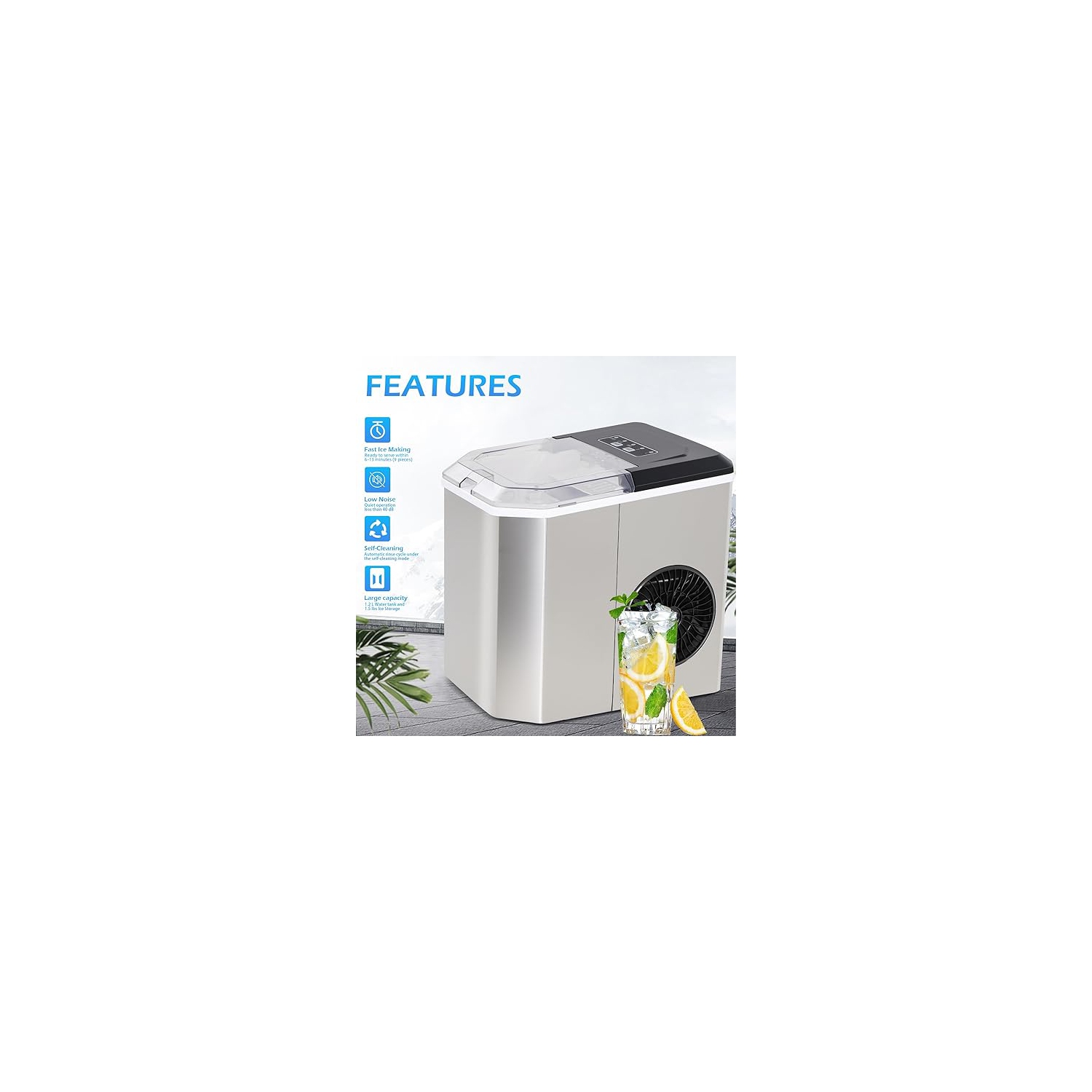 Countertop Ice Maker, Portable Stainless Steel Machine with Scoop Holder, Self-Cleaning, 26Lbs in 24Hrs, 9 Cubes in 6 Mins, 2 Sizes of Bullet Ice