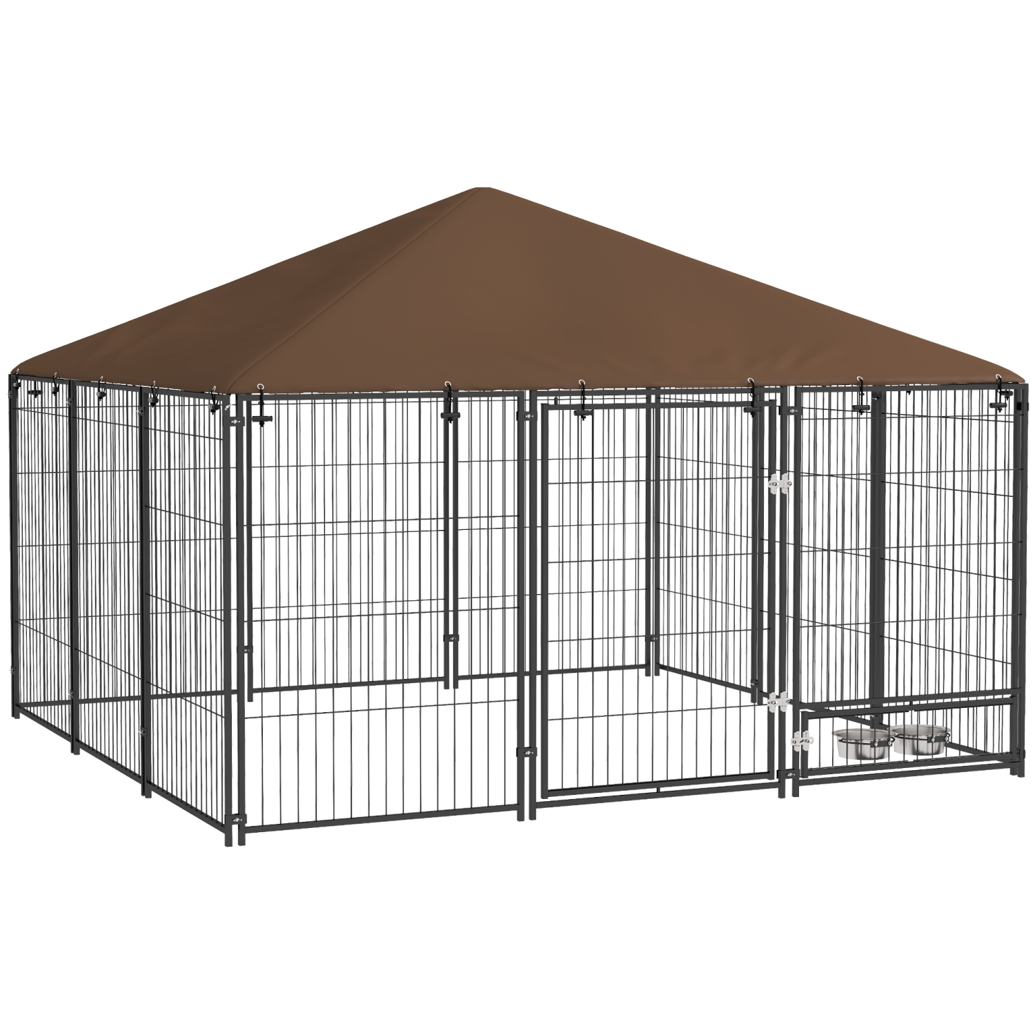 PawHut Dog Run, 6.9' x 6.9' x 5' Outdoor Dog Kennel with Canopy, Rotating Bowls, Door for Backyard & Garden, Coffee