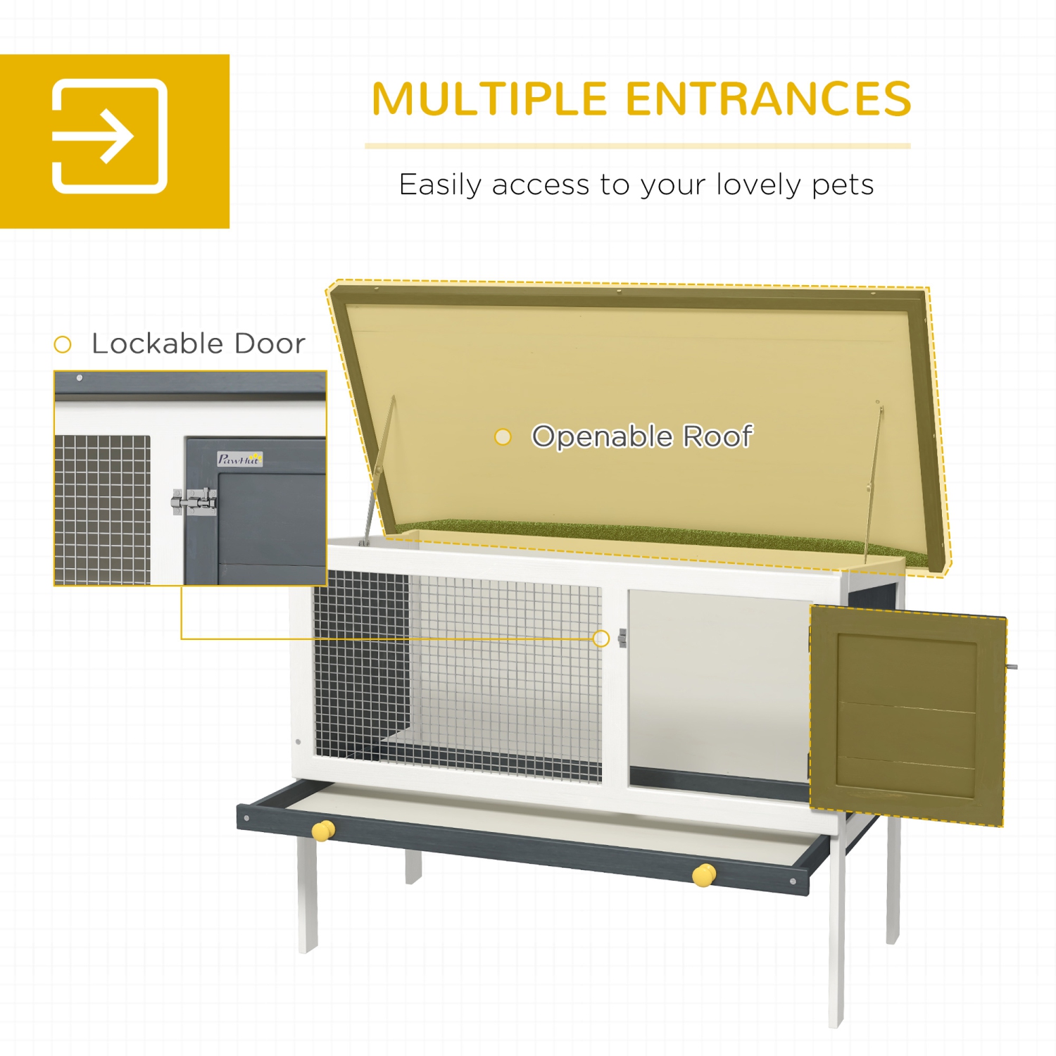 PawHut Wooden Rabbit Hutch, Bunny Cage, Guinea Pig House with Pull-Out Tray, and Openable Asphalt Roof for Outdoor, Dark Grey