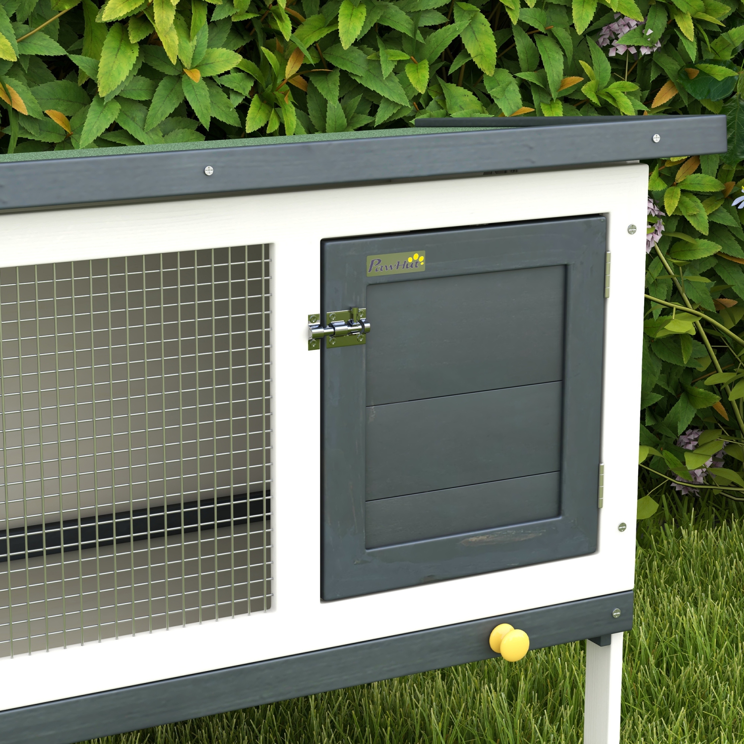 PawHut Wooden Rabbit Hutch, Bunny Cage, Guinea Pig House with Pull-Out Tray, and Openable Asphalt Roof for Outdoor, Dark Grey