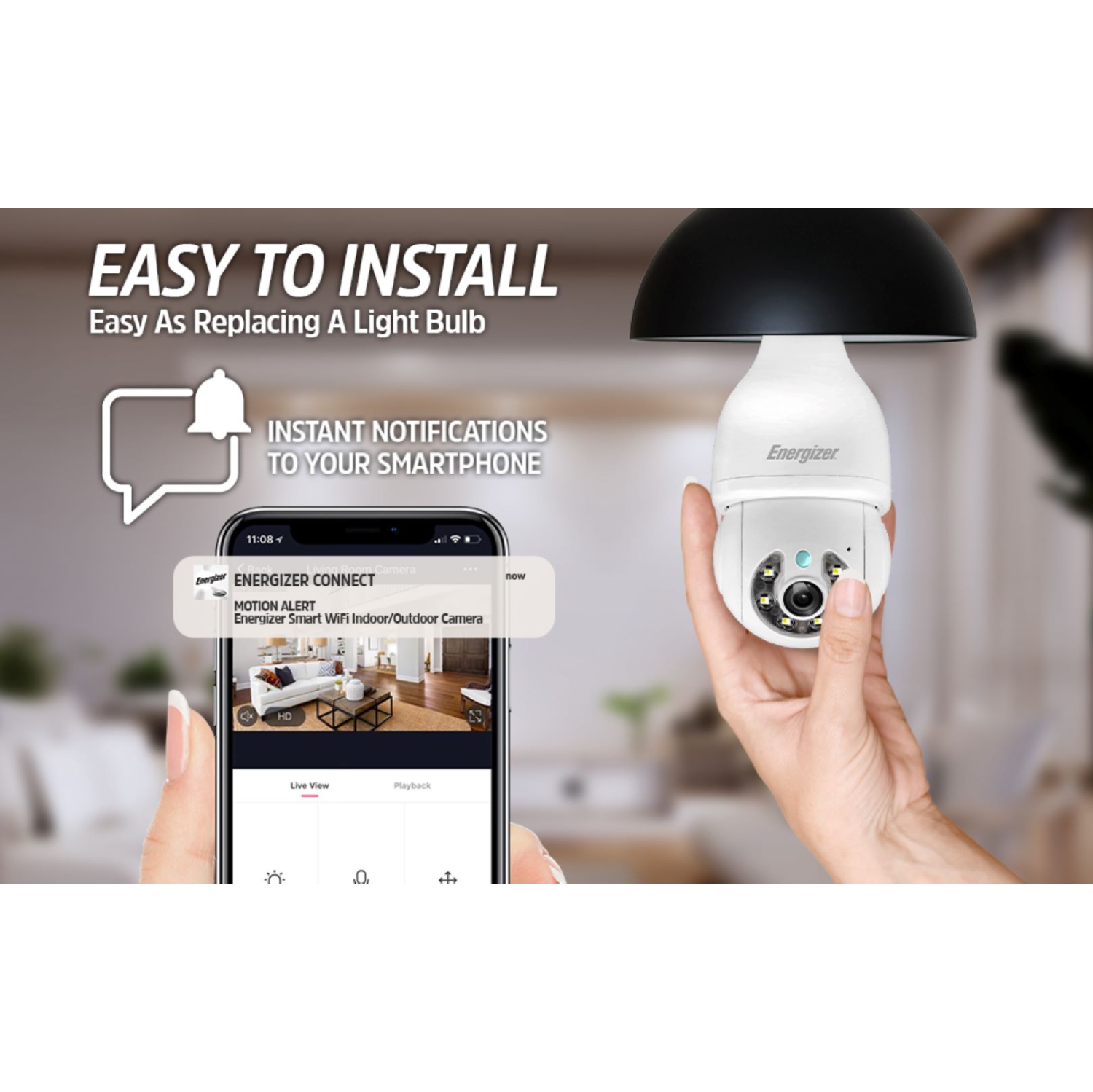 Energizer Auto Tracking Smart Light Bulb E26 Socket 2K Security Camera