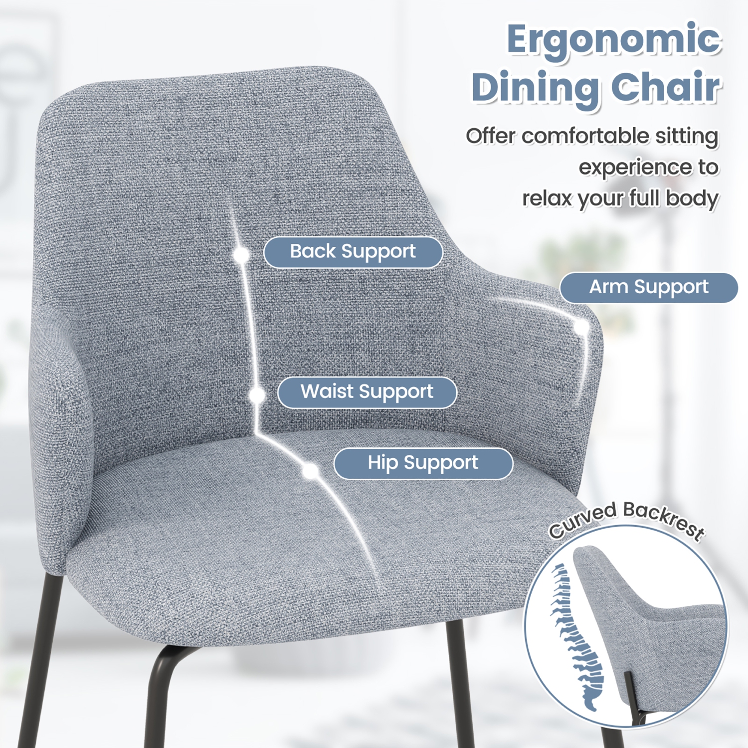 Gymax 4 PCS Dining Chairs Set of 2 w/ Curved Backrest Wide Seat & Armrests Durable Frame